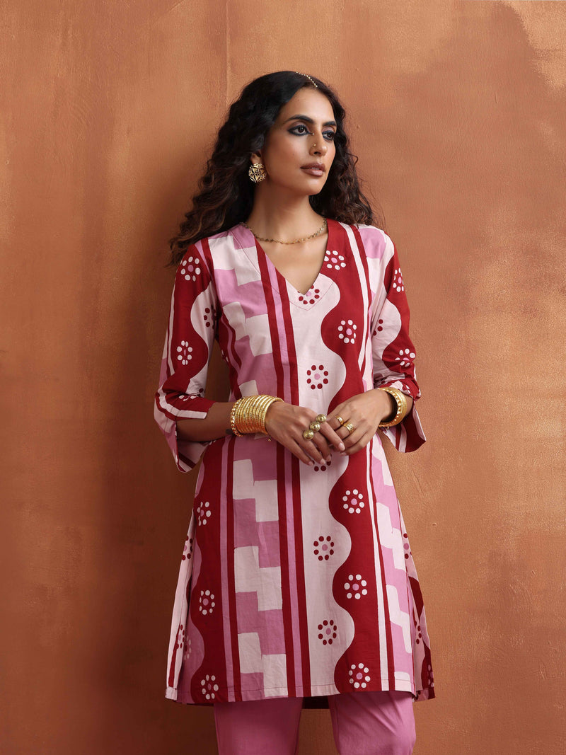 trueBrowns Pink Geometric Print Kurta Co-ord Set