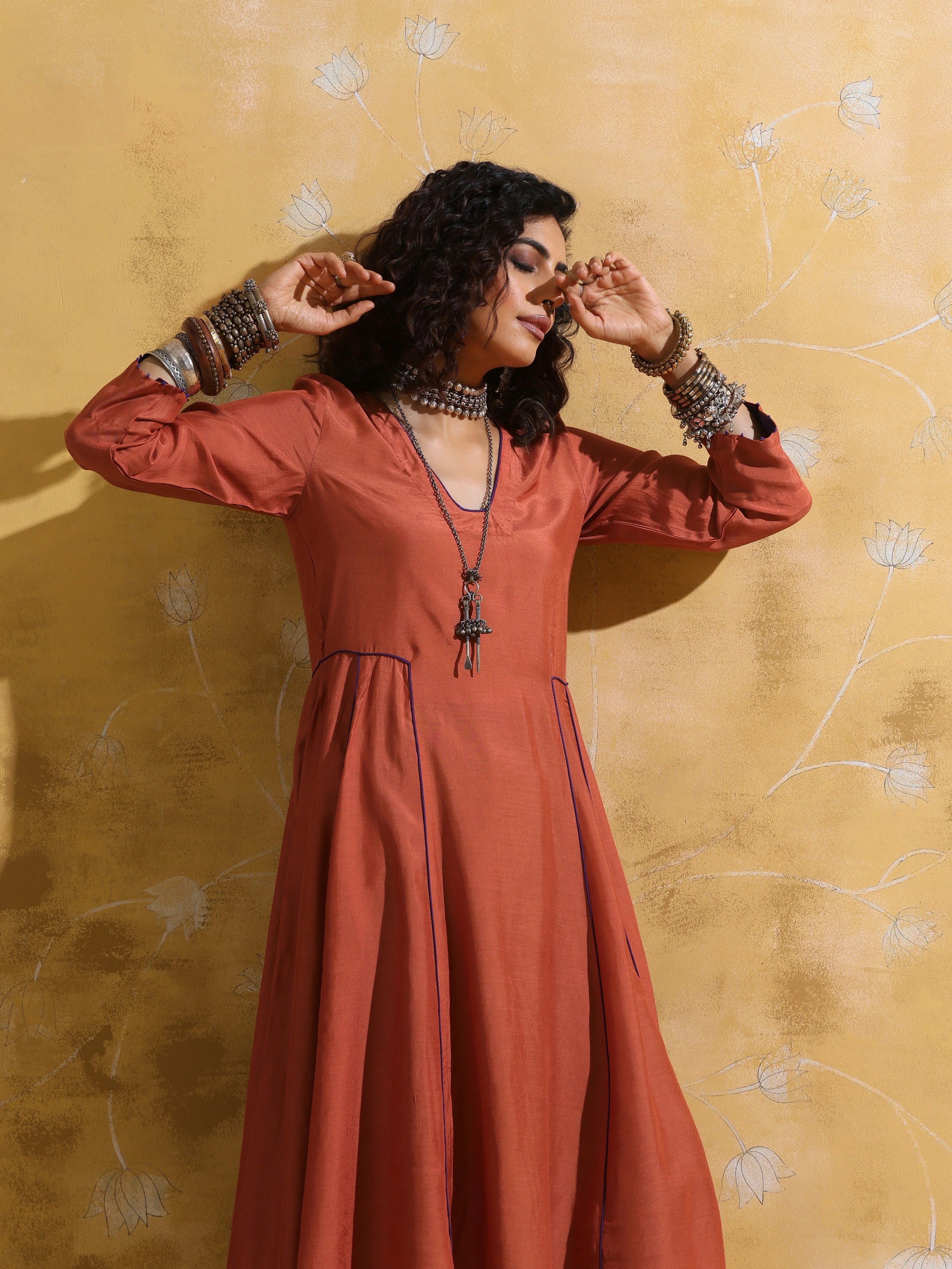 trueBrowns Rust Muslin Silk Fit and Flare Kurta Pant Set