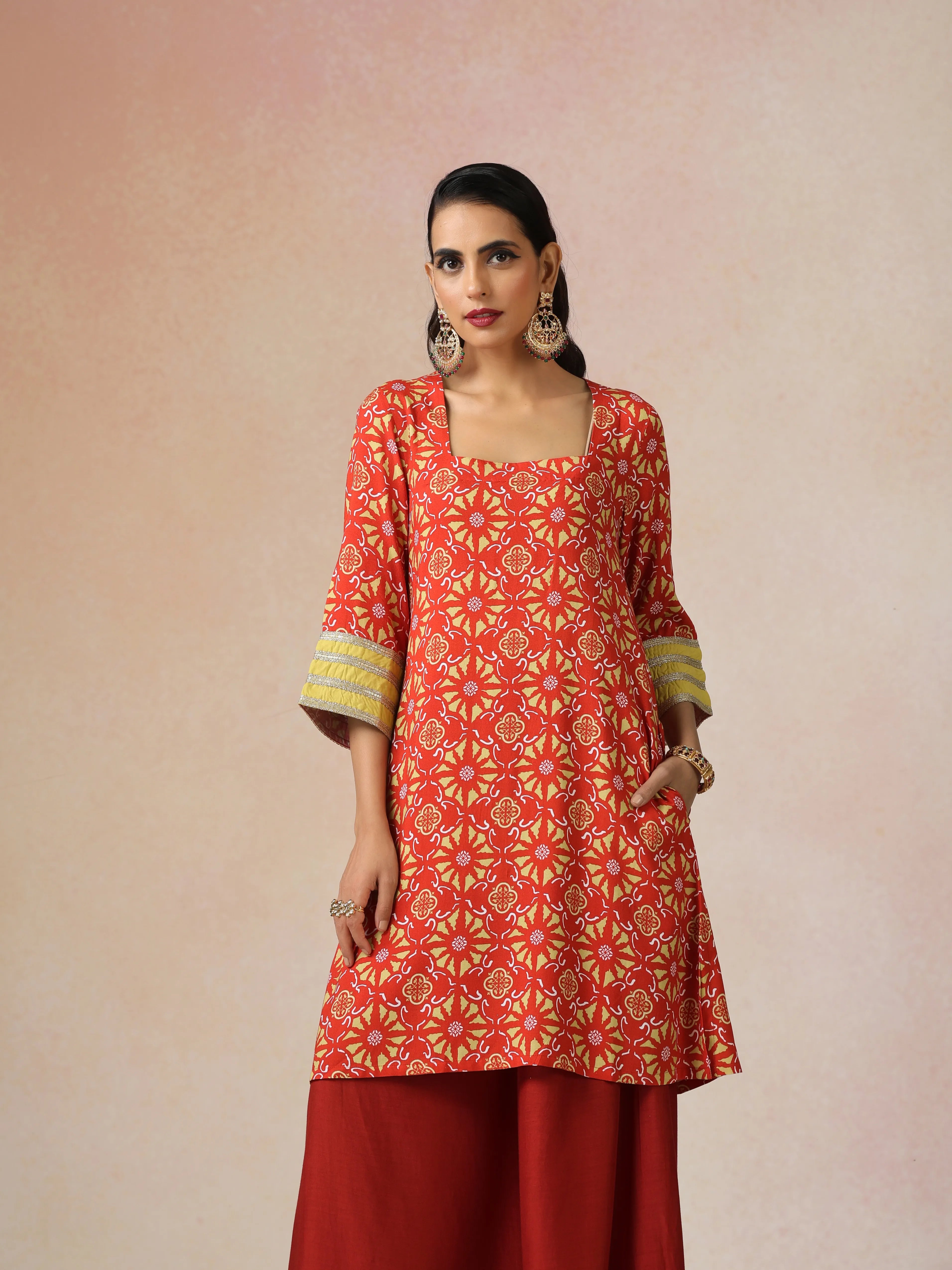 trueBrowns Red Light Green Print Viscose Kurta Sharara Set