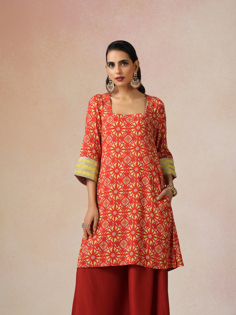 trueBrowns Red Light Green Print Viscose Kurta Sharara Set