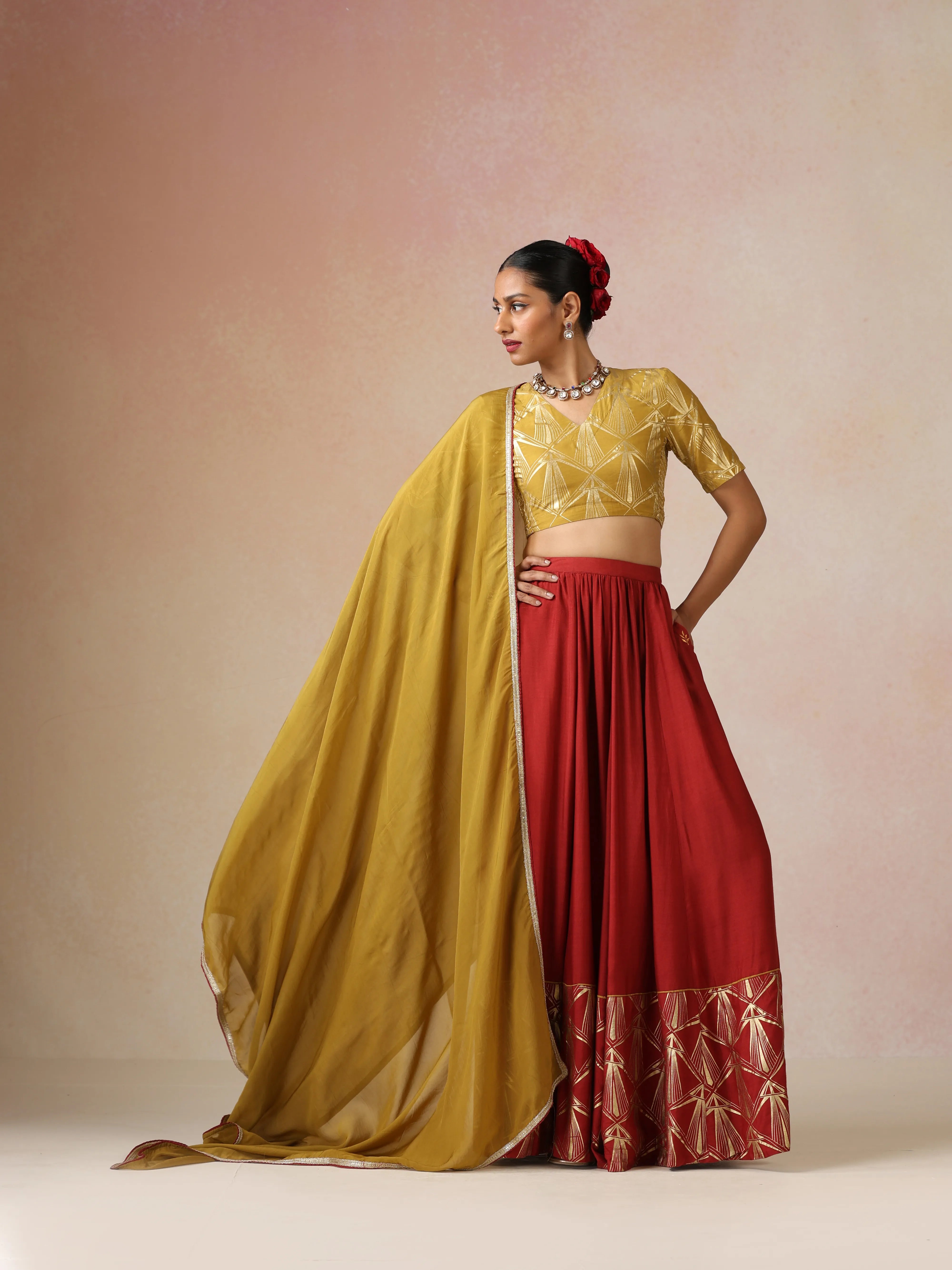 trueBrowns Mustard Gold Foil Print Muslin Silk Blouse Skirt Dupatta Set