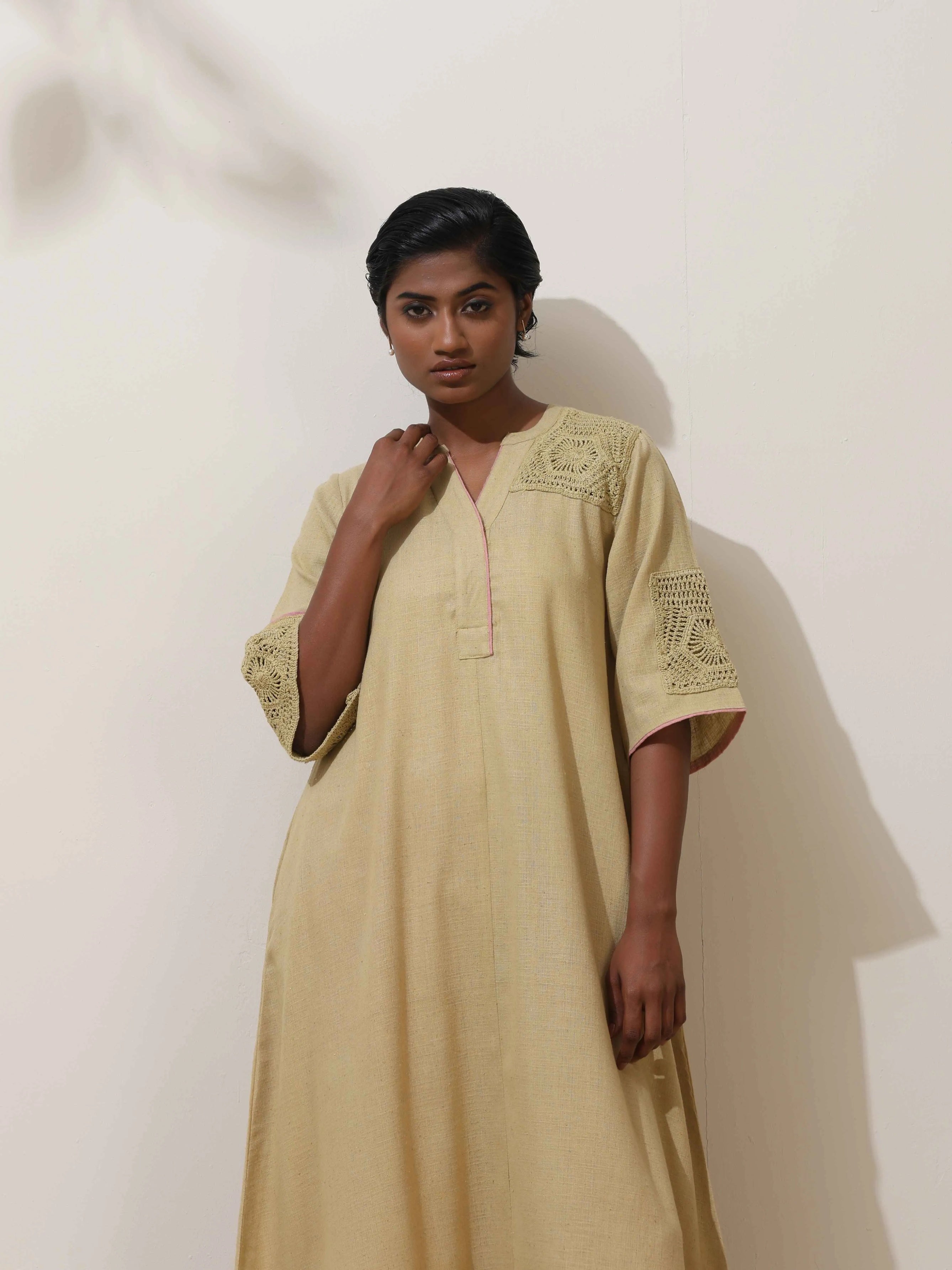 trueBrowns Souk Yellow Crochet Natural Cotton Kurta Pant Set
