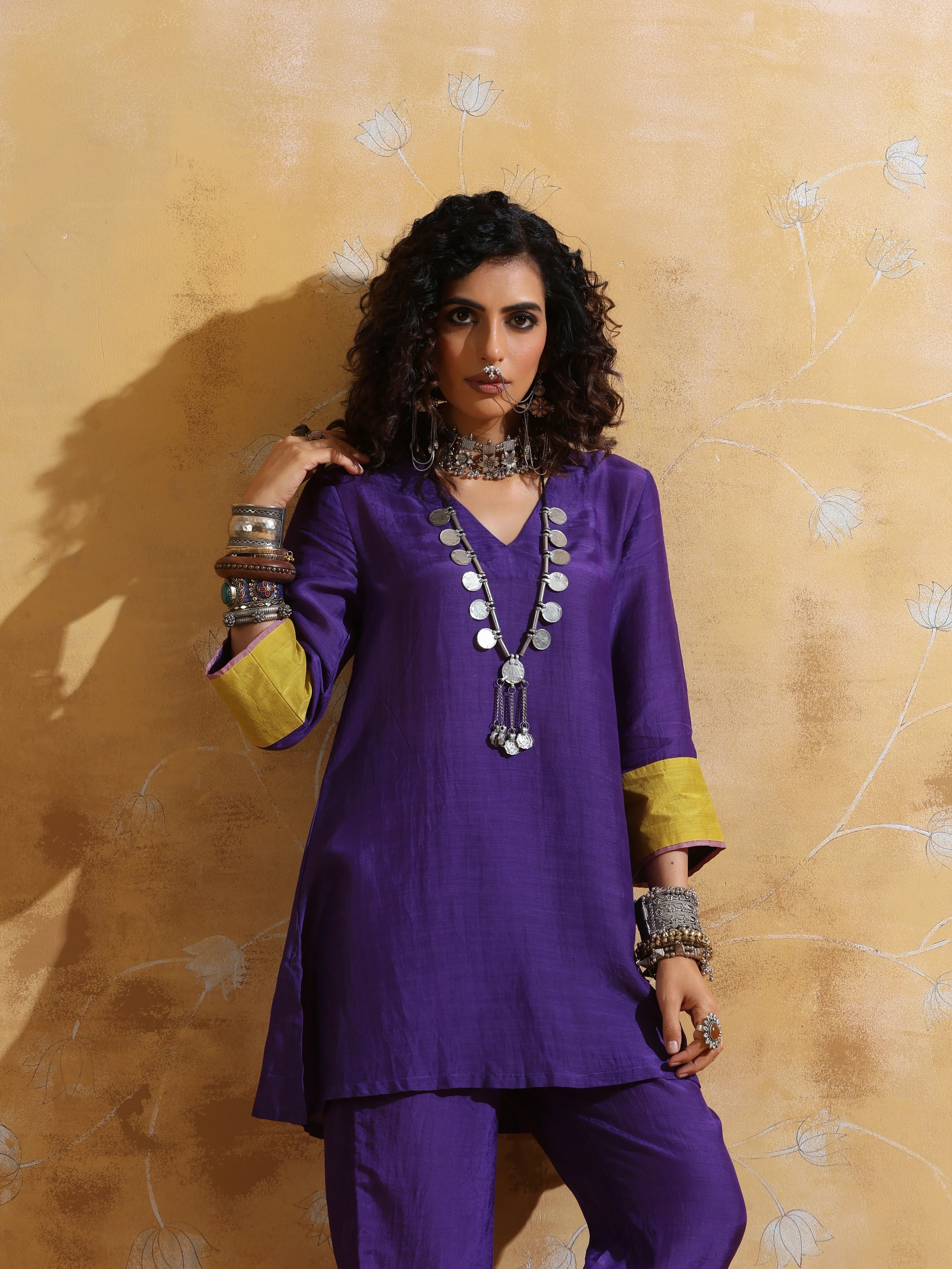 trueBrowns Purple Muslin Silk Co-ord Set