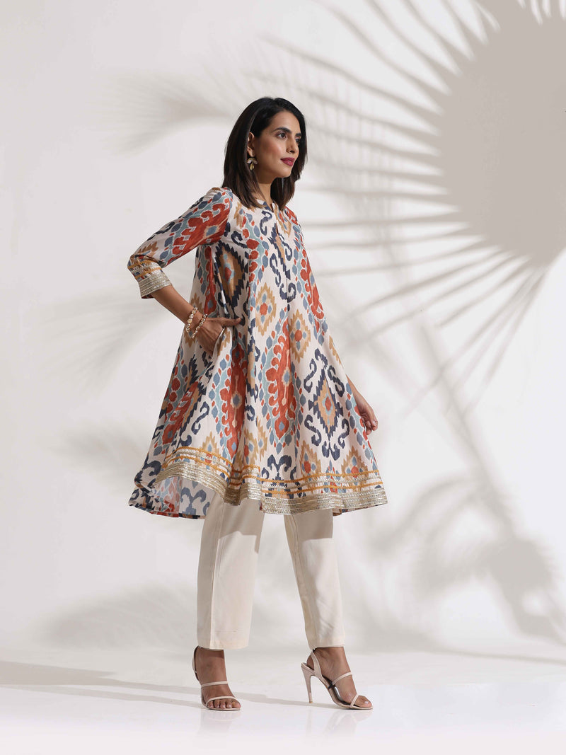 trueBrowns Off White Ikat Print Anarkali Kurta Co-ord Set