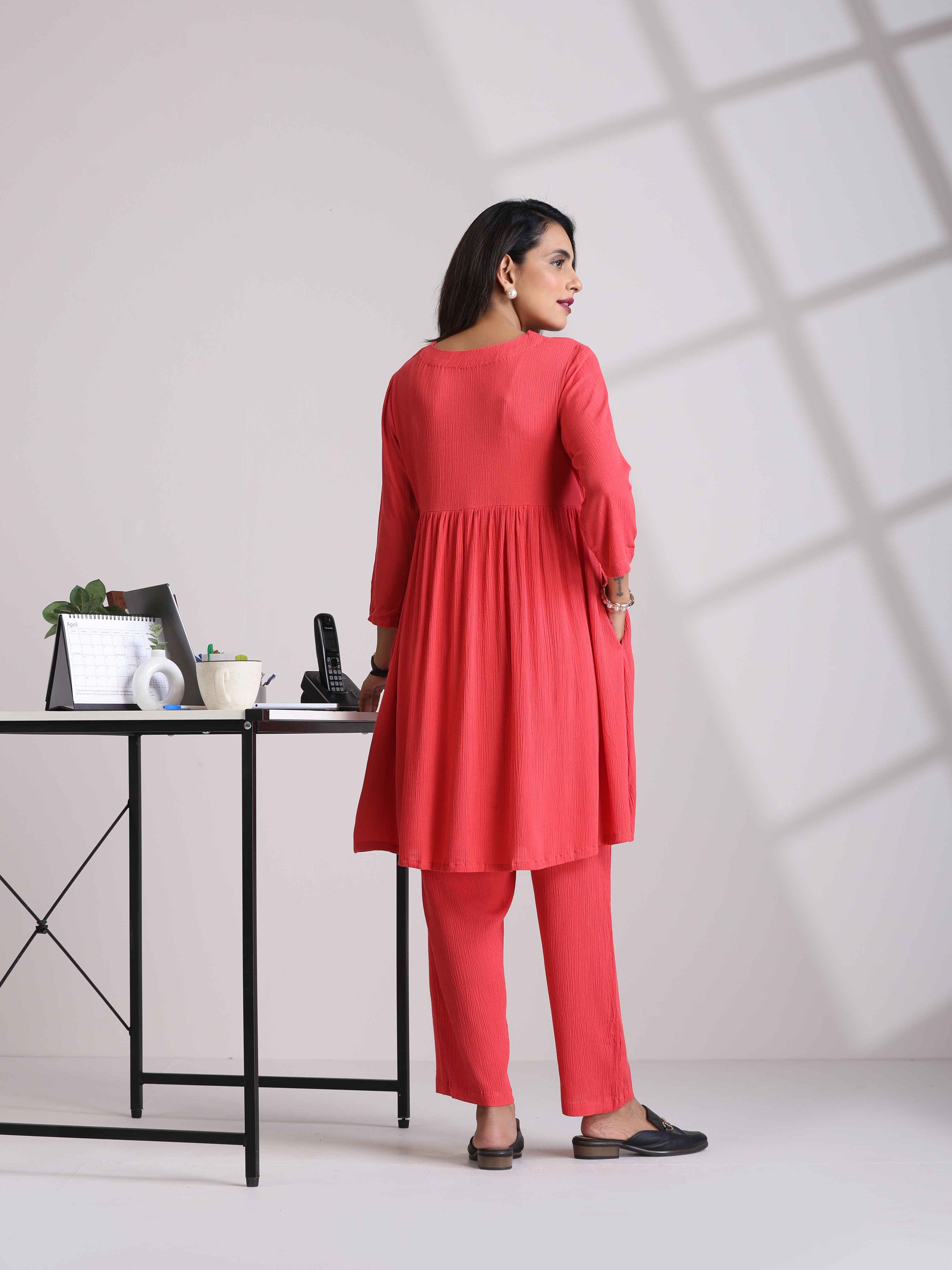 trueBrowns Peach Crinkle Flared Kurta Co-ord Set