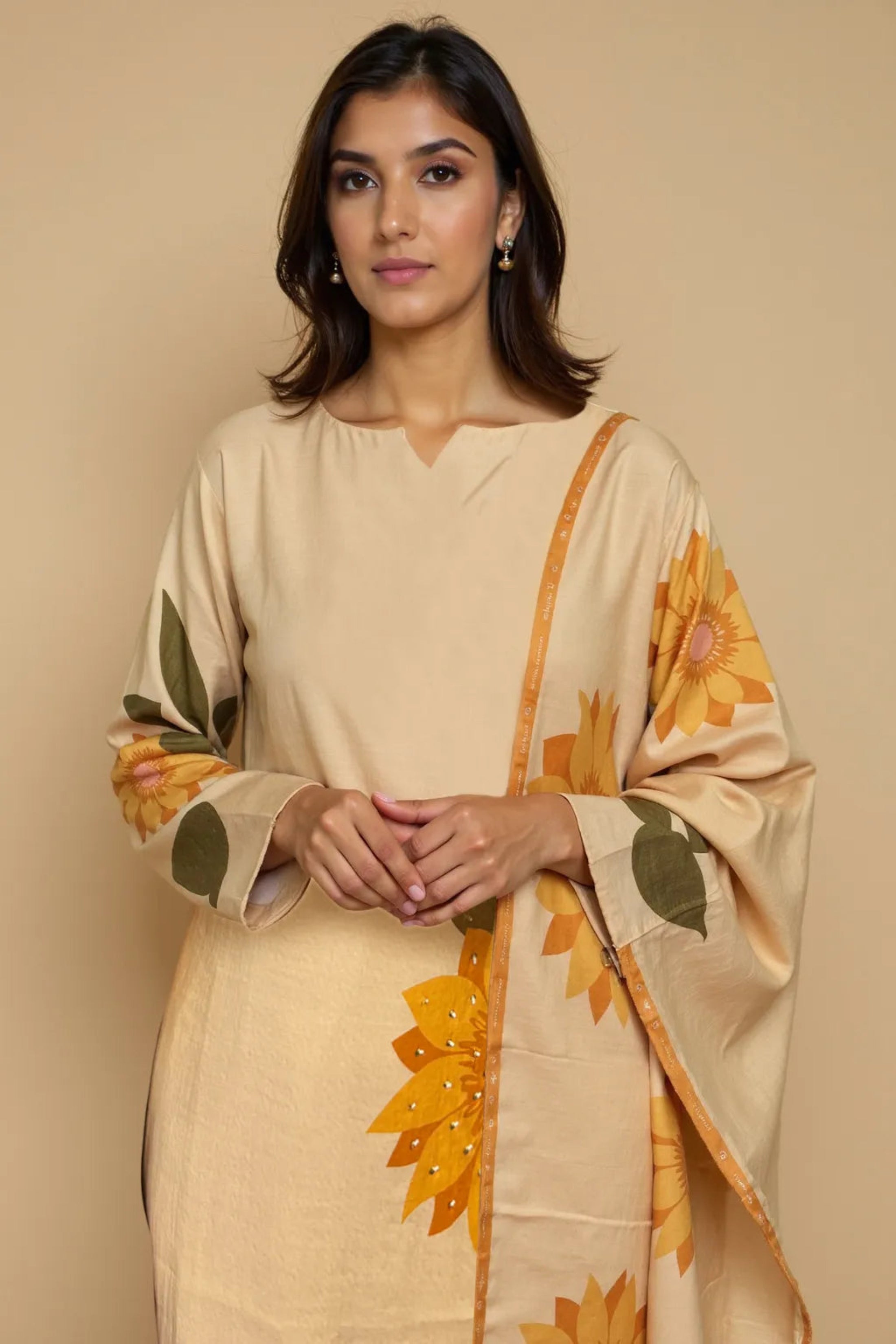 trueBrowns Beige Sunflower Print Kurta Pant Dupatta Set