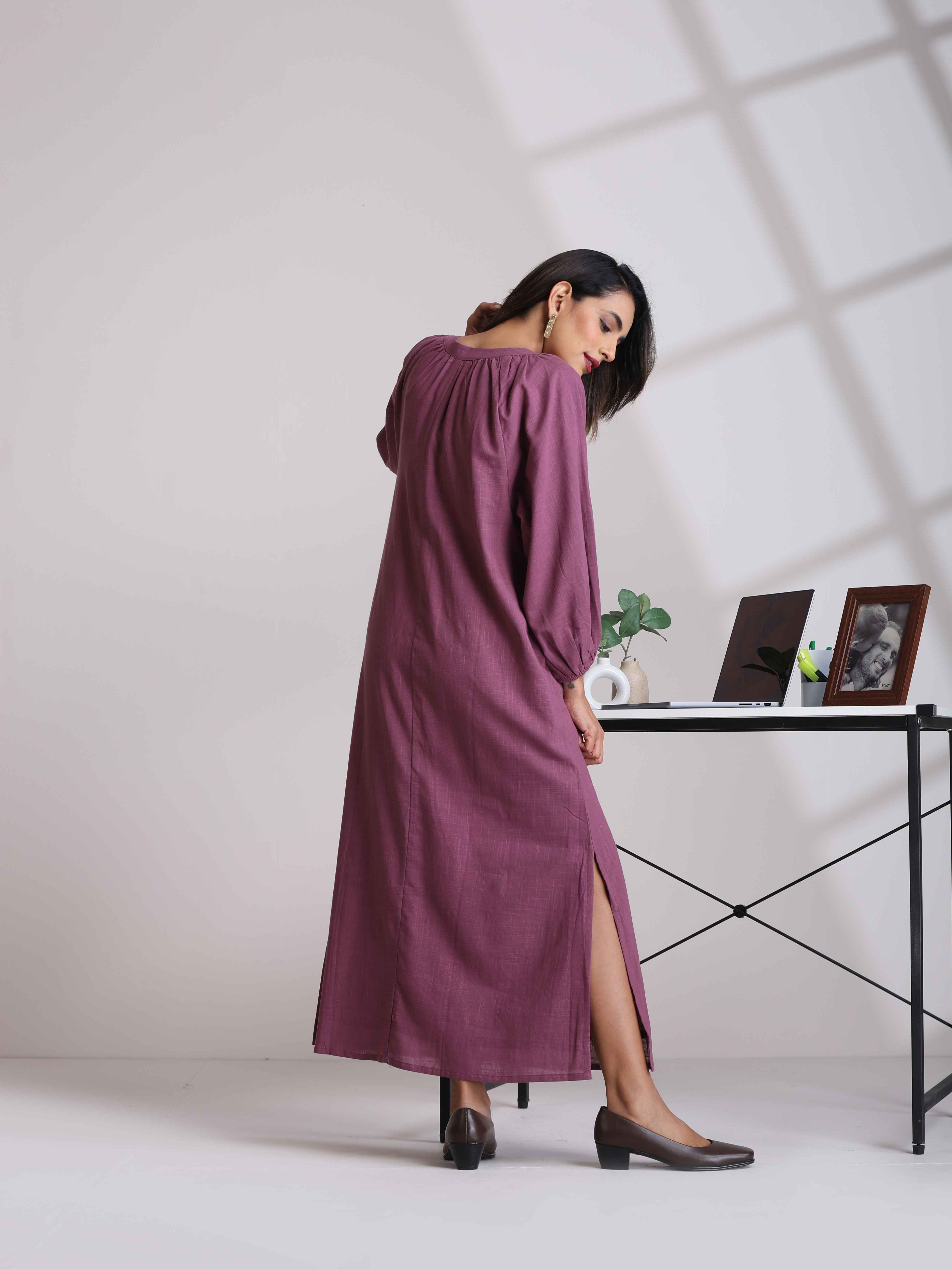 trueBrowns Light Purple Cotton Dobby Dress