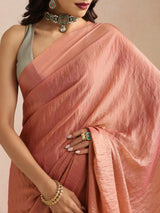 trueBrowns Peach Copper Tissue Saree With Unstitched Blouse