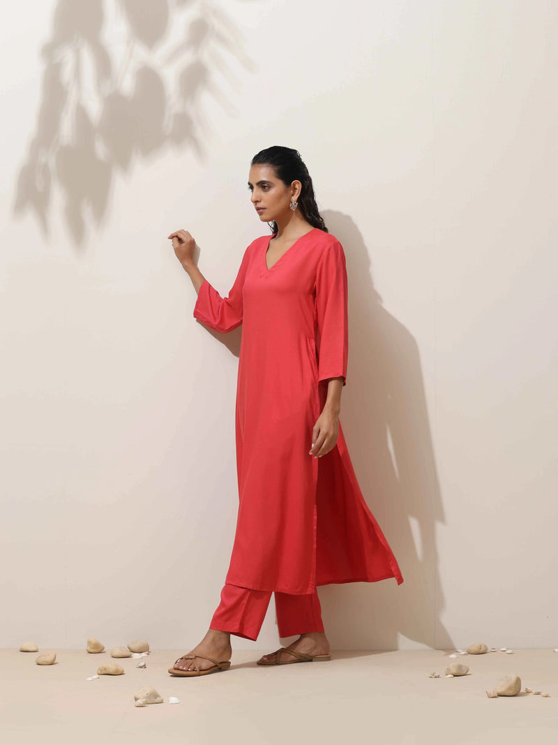 trueBrowns Coral Viscose Solid Kurta Pant Set