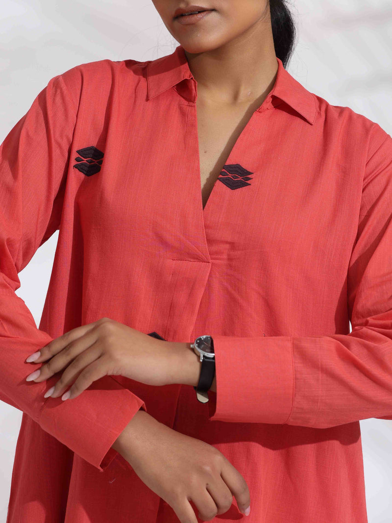 trueBrowns Orange Cotton Embroidered Flared Dress