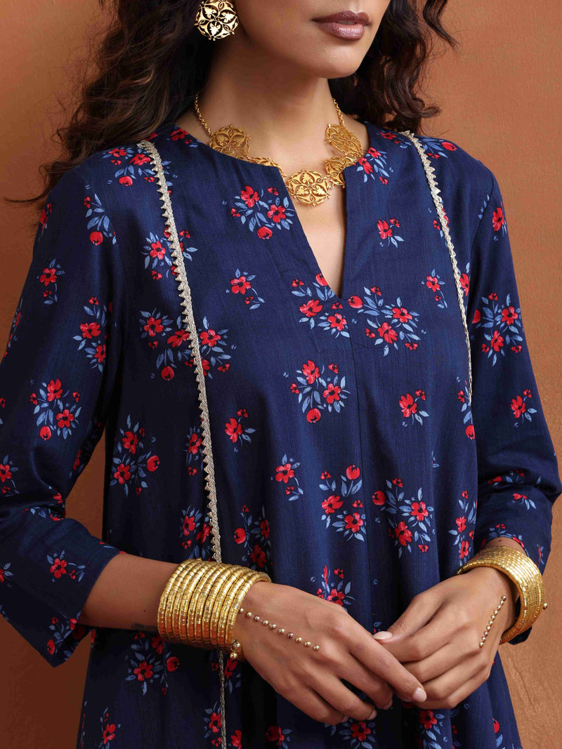 trueBrowns Blue Floral Print Flared Anarkali Kurta Co-ord Set