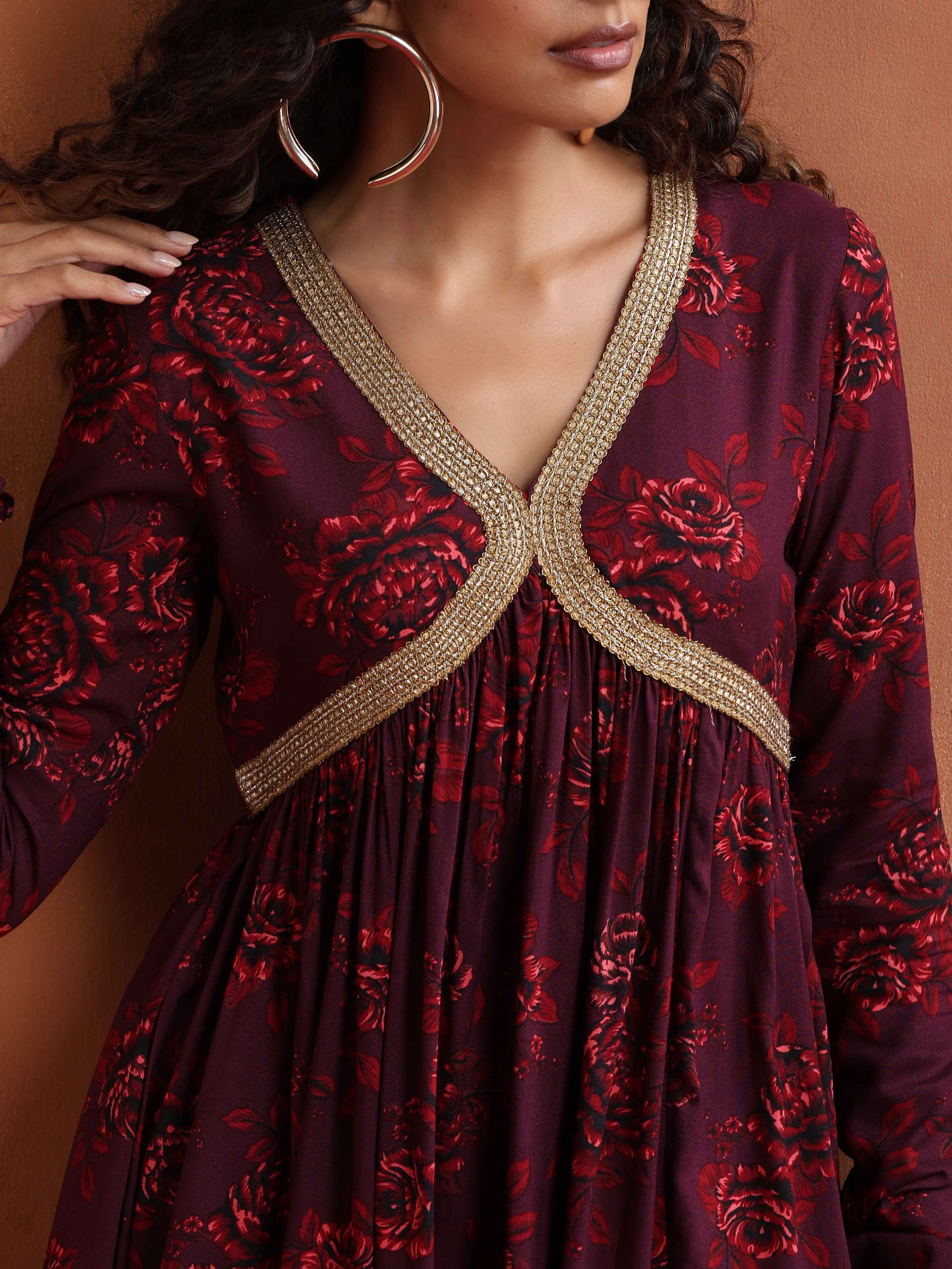 trueBrowns Purple Floral Print Sharara Set