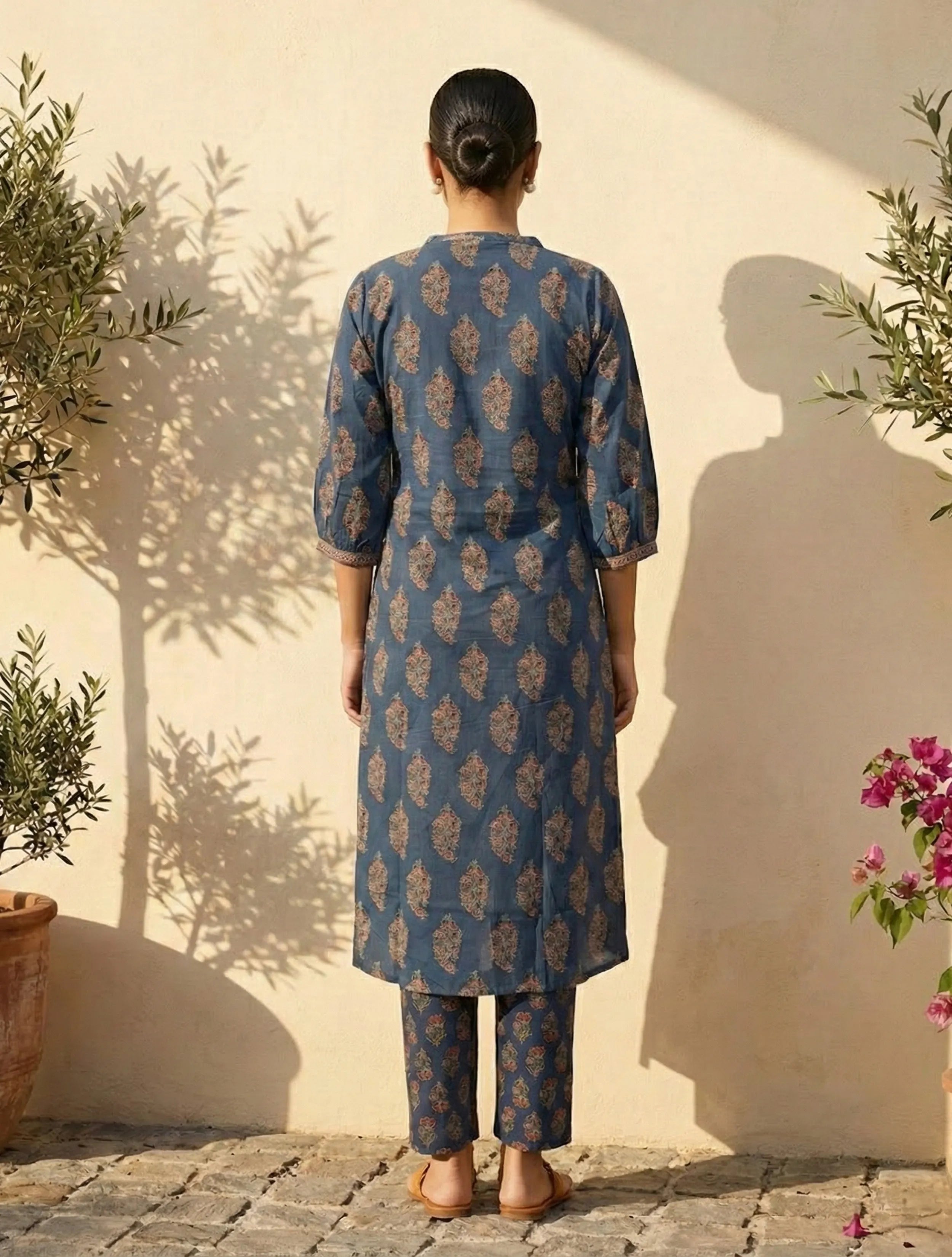 trueBrowns Blue Boota Print Angrakha Kurta Pant Dupatta Set