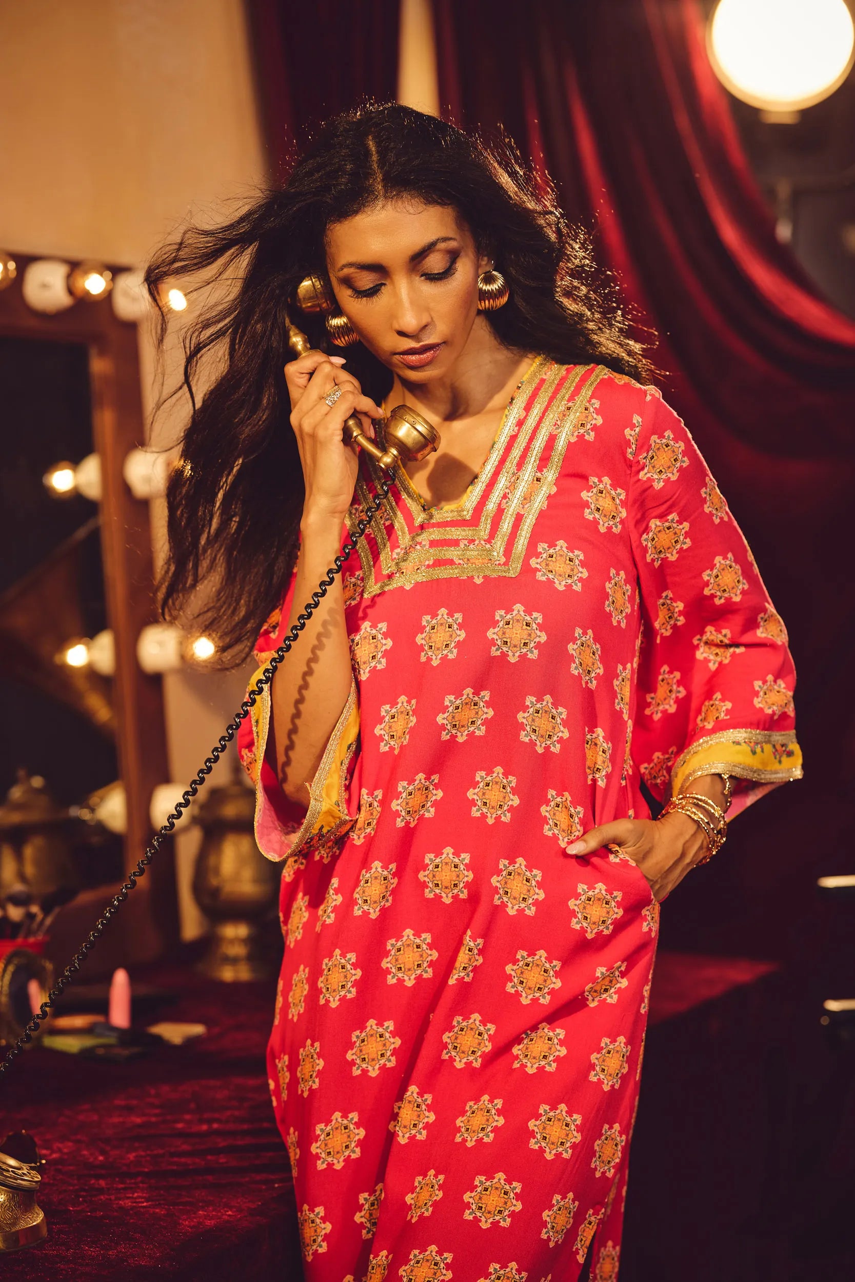 trueBrowns Pink Boota Print Viscose Straight Maxi Dress