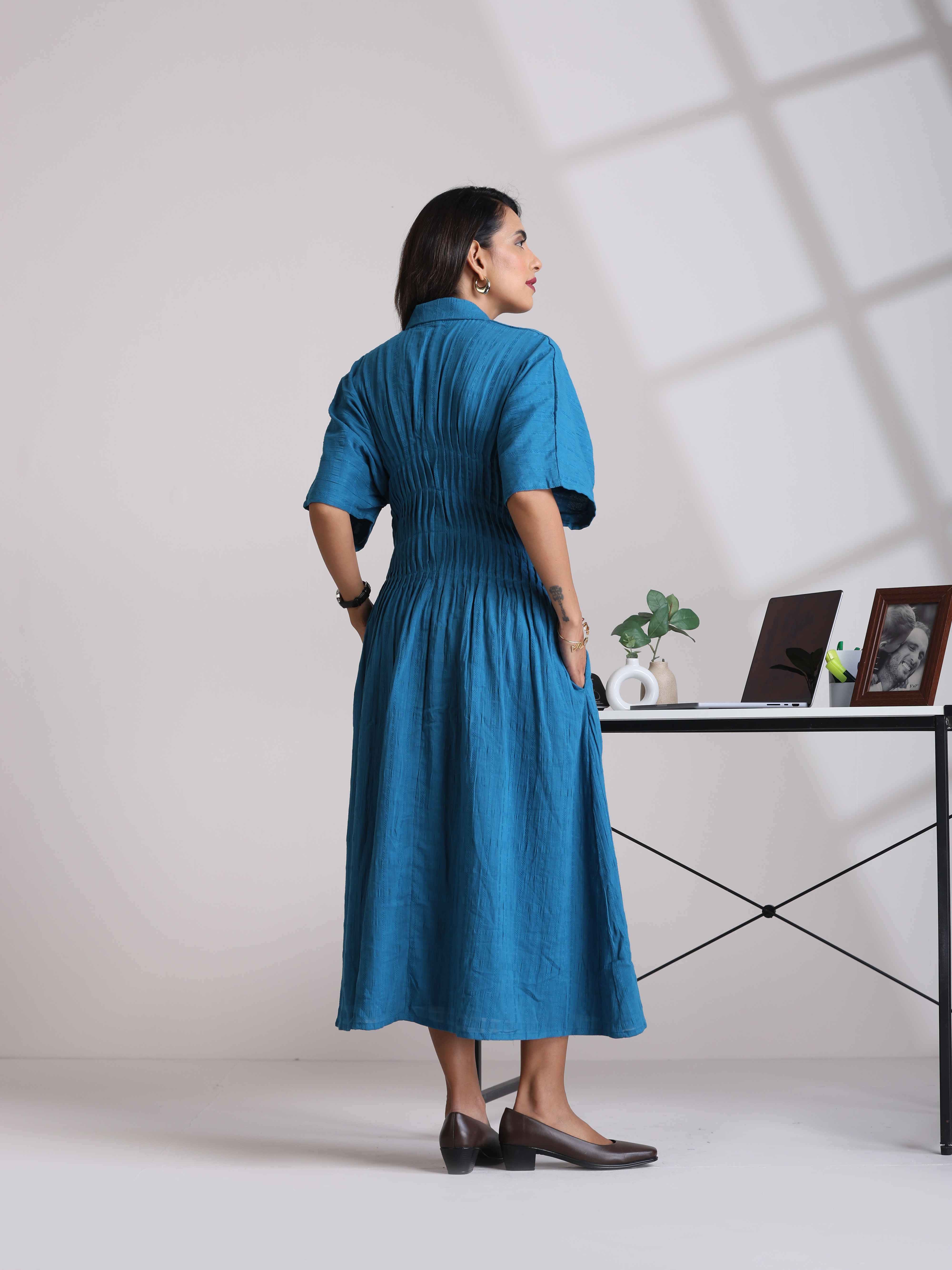 trueBrowns Blue Cotton Dobby Dress