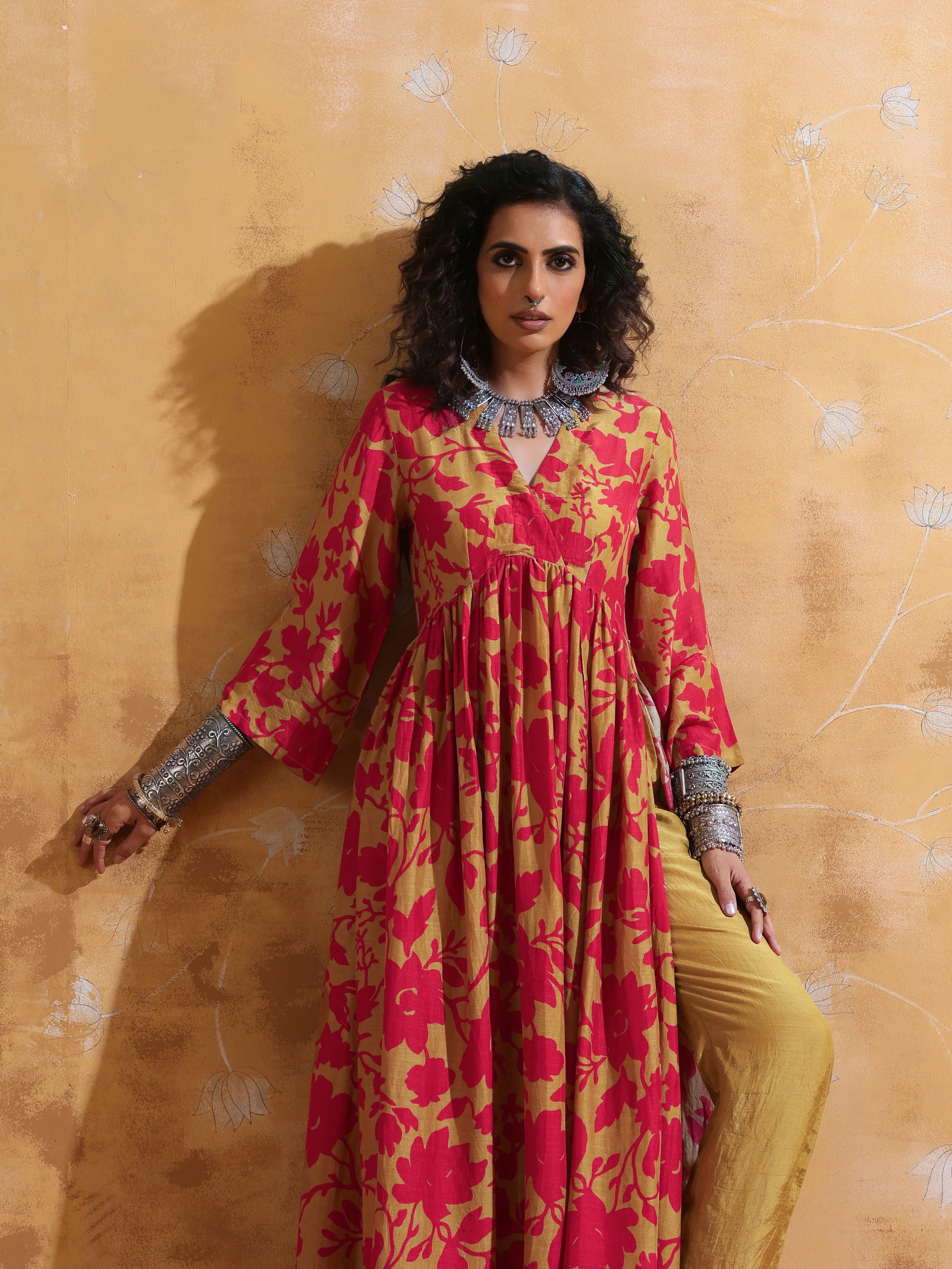 trueBrowns Red Mustard Jaal Print Muslin Silk Anarkali Kurta Set