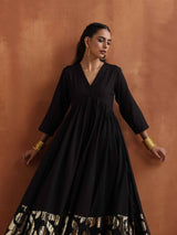 trueBrowns Black Metallic Flared Anarkali Kurta Set