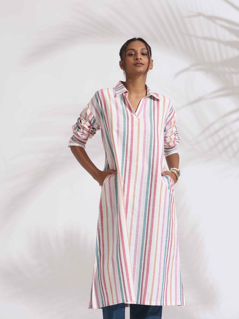 trueBrowns Off-White Cotton Multi Stripe A-line Kurta Set