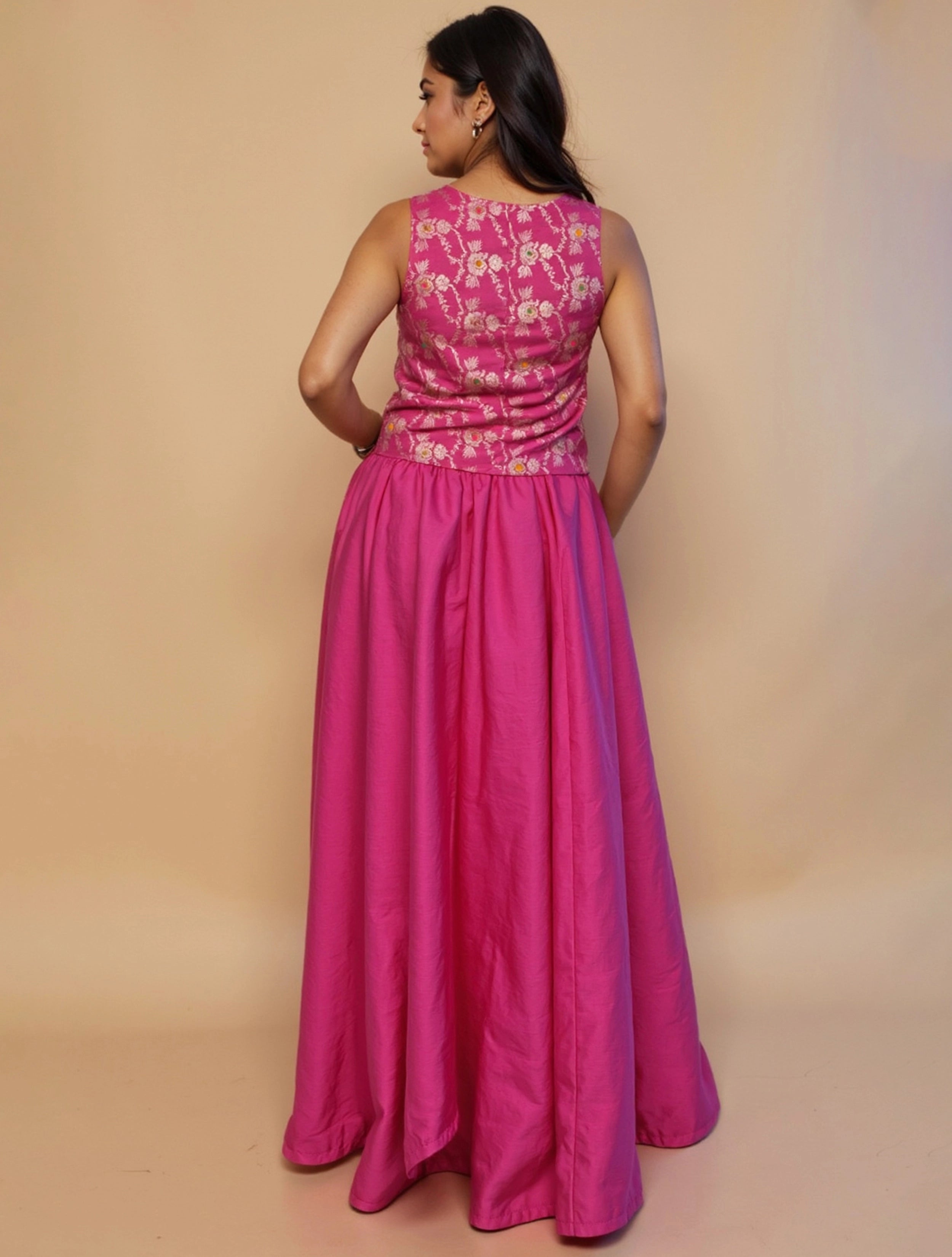 trueBrowns Pink Brocade Jacket Skirt Co-ord Set