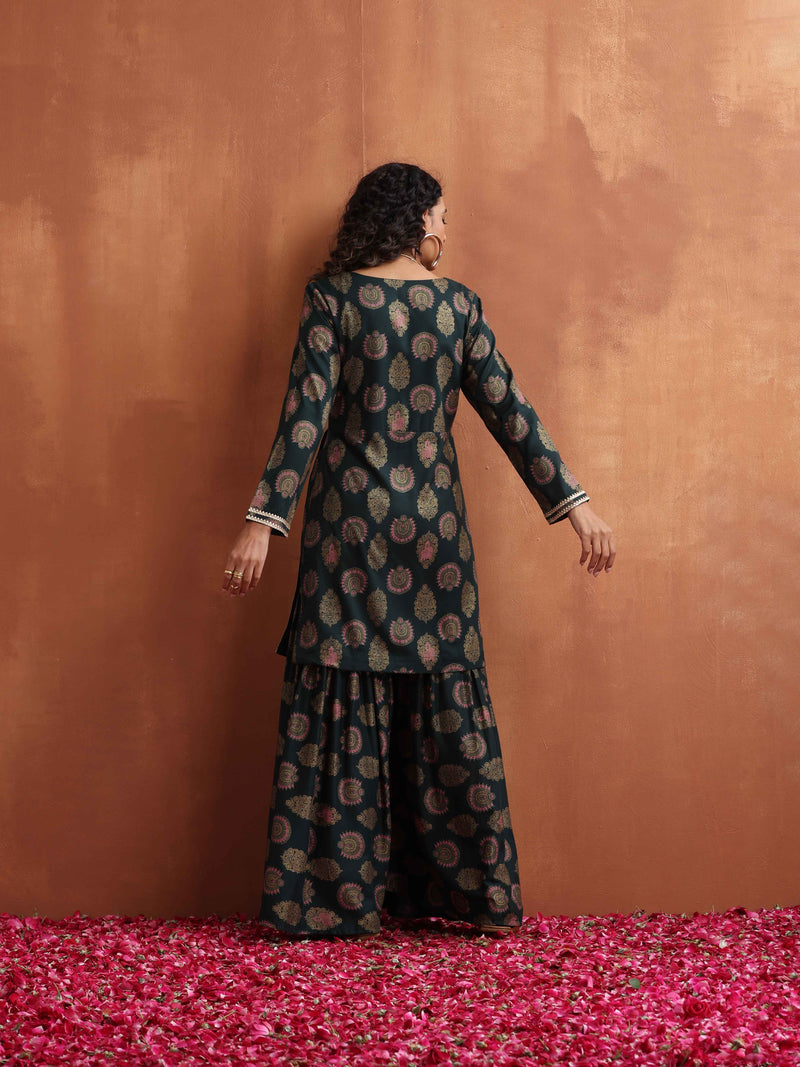 trueBrowns Green Foil Print Sharara Set