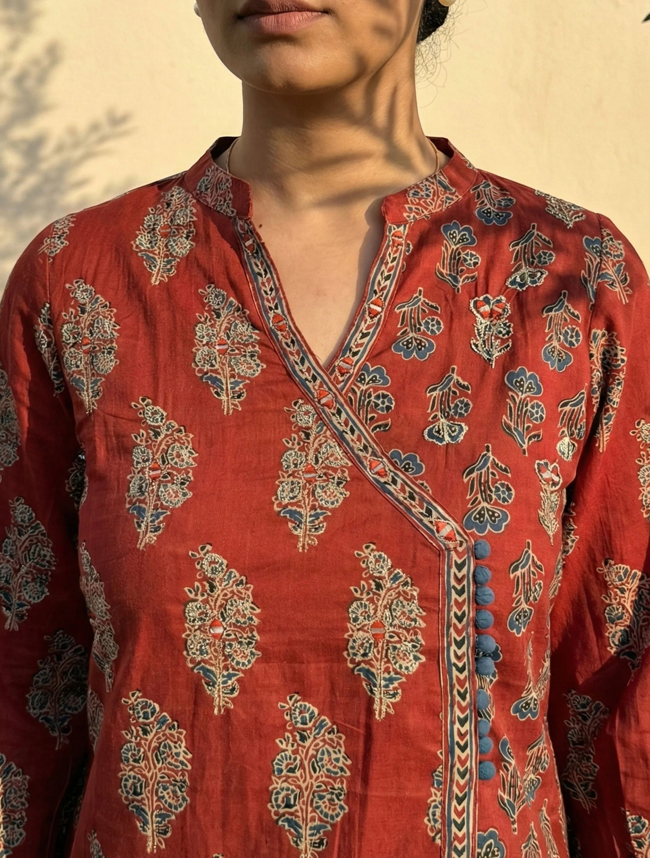 trueBrowns Rust Boota Print Angrakha Kurta Pant Dupatta Set