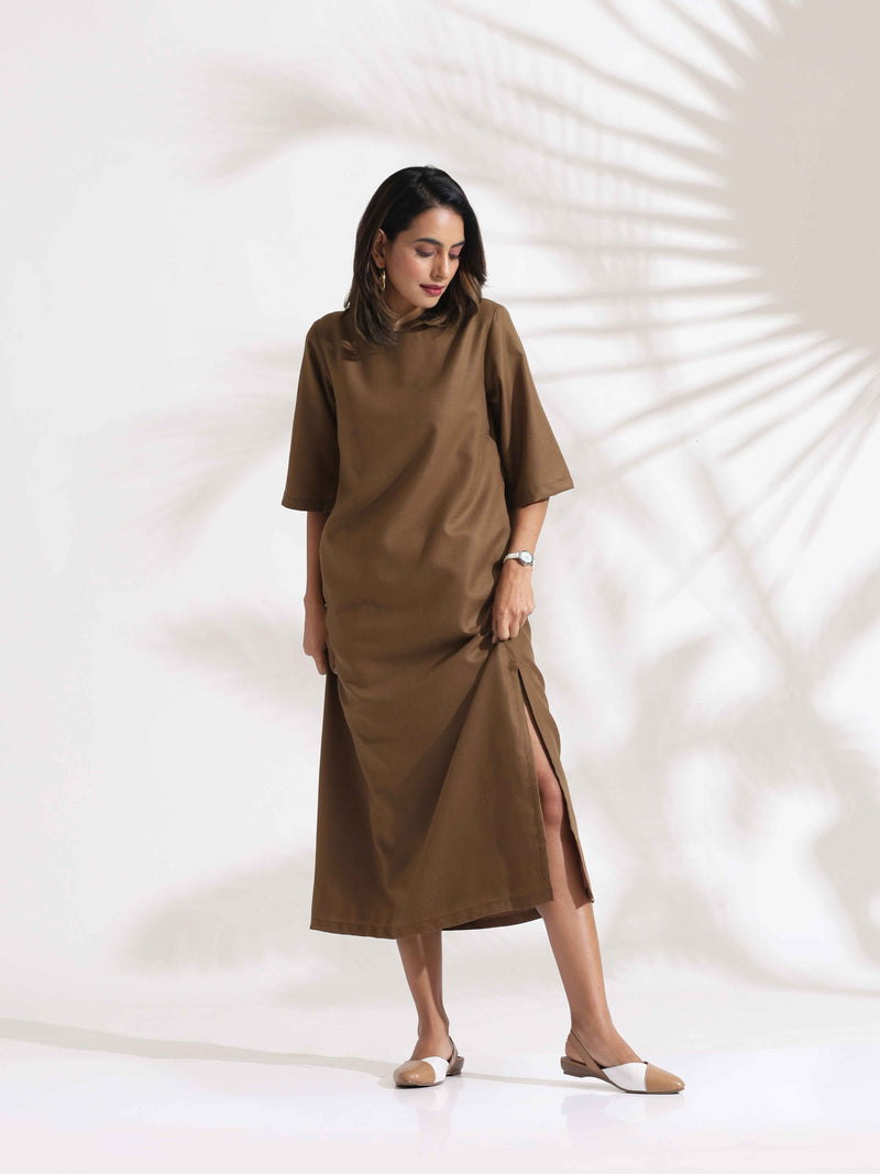 trueBrowns Brown Slub Dress