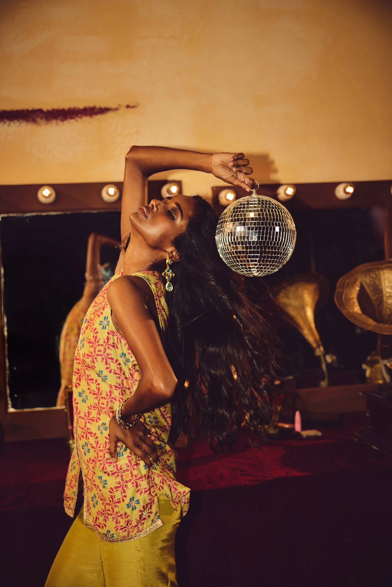 trueBrowns Light Green Pink Jaal Print Viscose Jacket and Flared Pants Co-ord Set