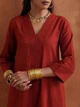 trueBrowns Rust Metallic Straight Kurta Set