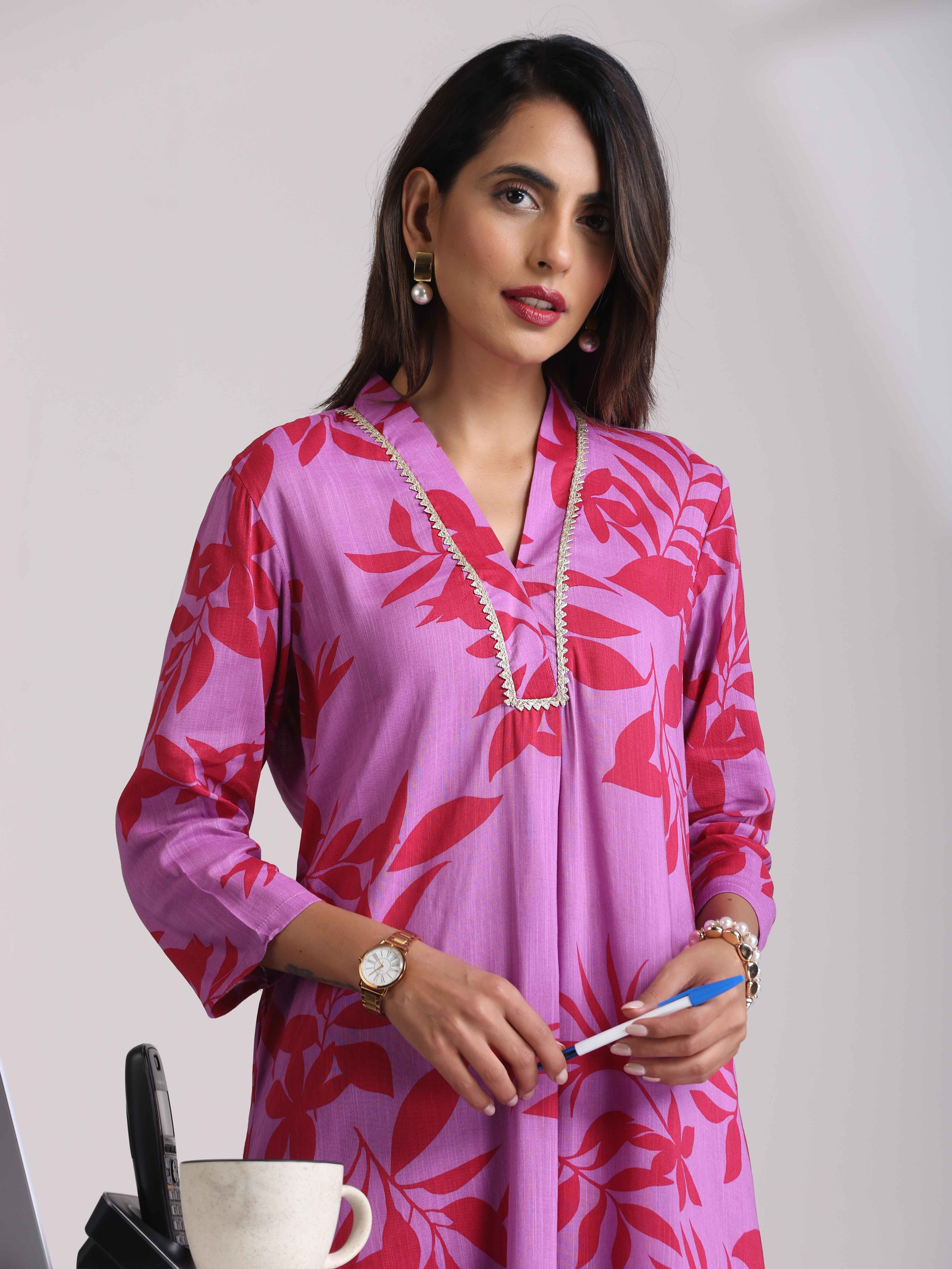 trueBrowns Purple Print Straight Kurta Set