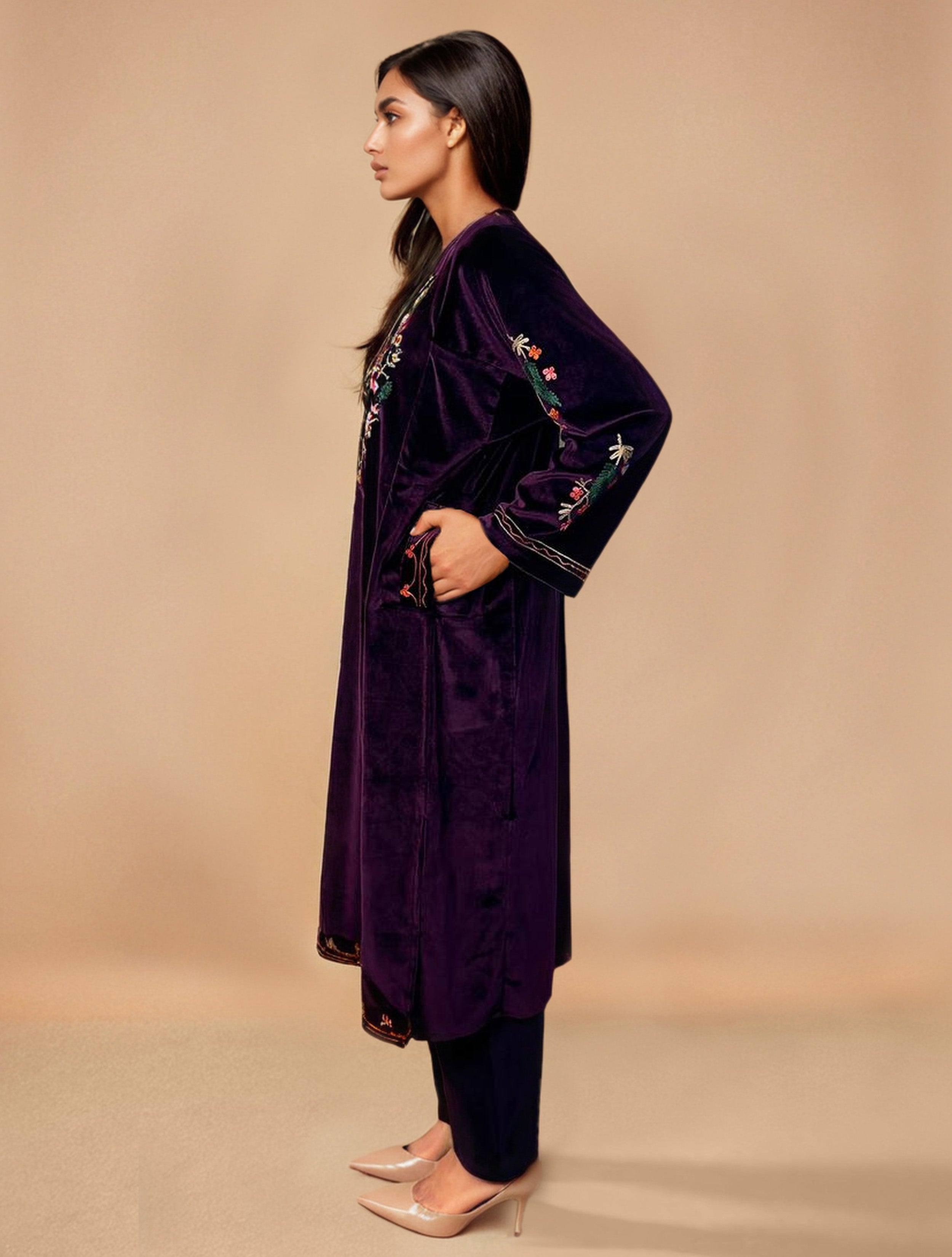 trueBrowns Wine Velvet Embroidered Kurta Set