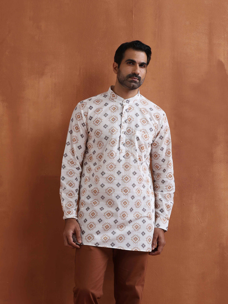 trueBrowns Men's Ivory Printed Short Kurta