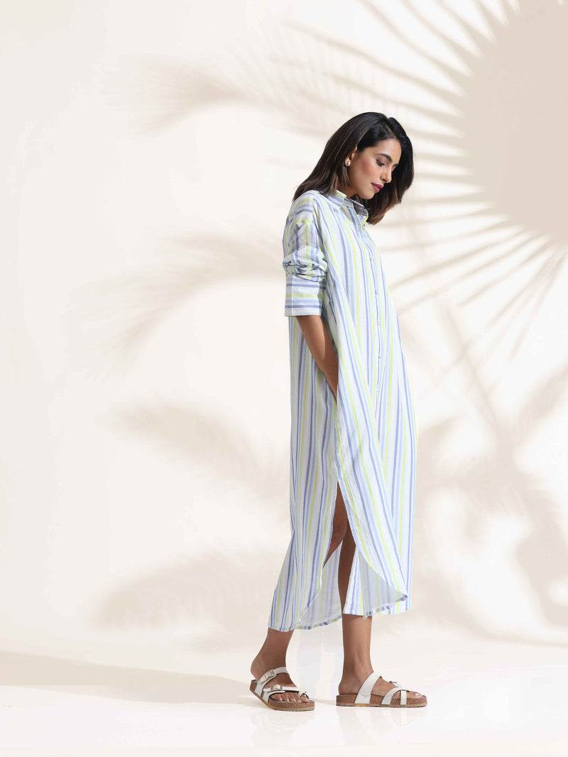 trueBrowns White Cotton Multi Stripe Shirt Dress