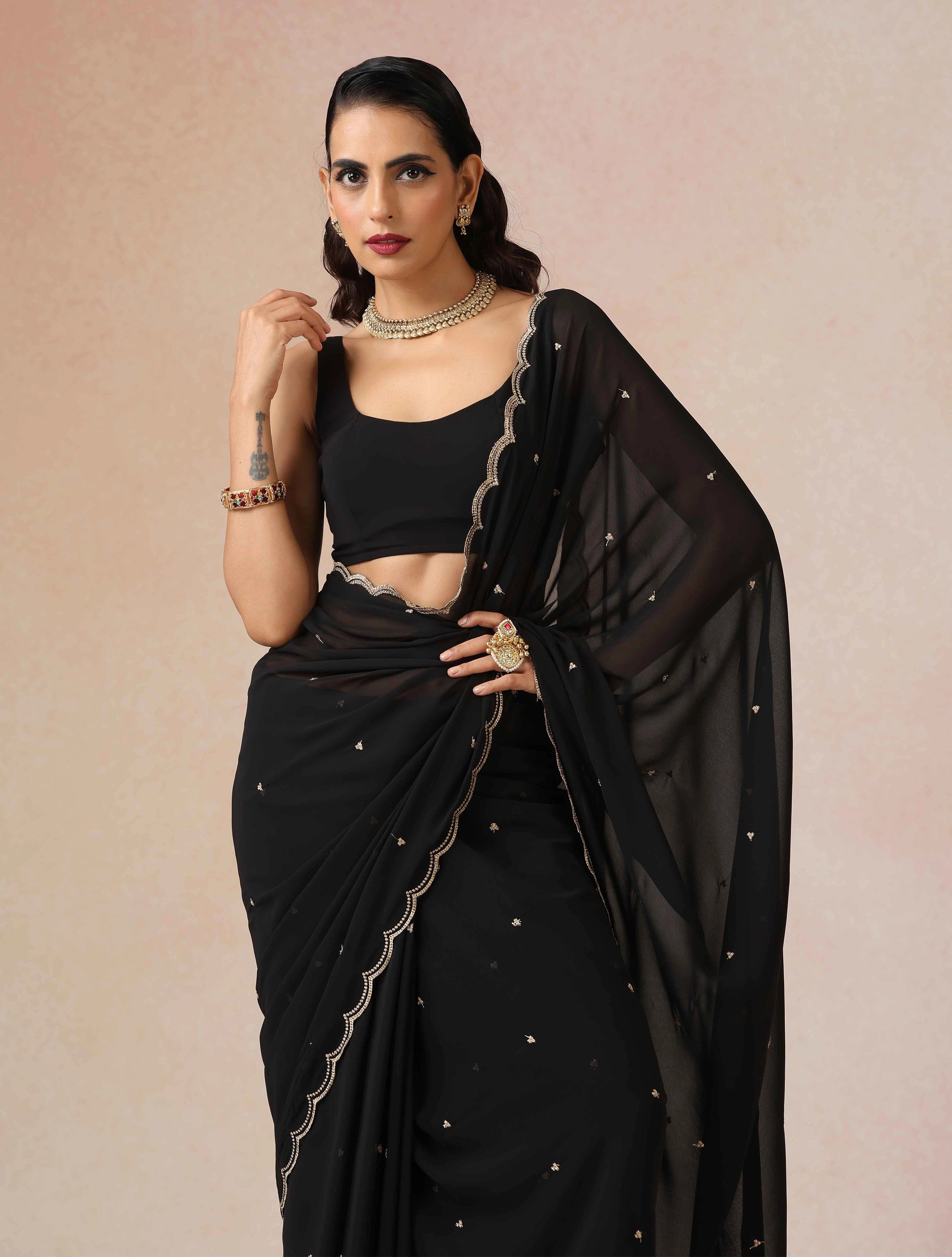 trueBrowns Black Georgette Embroidered Saree With unstitched Blouse