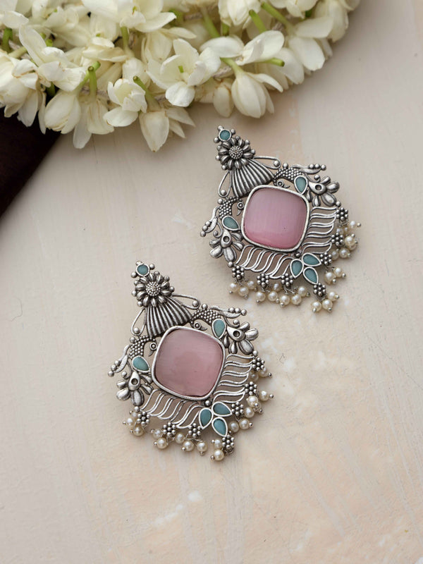 trueBrowns Silver Tone Pink Stone Pearl Drop Earrings