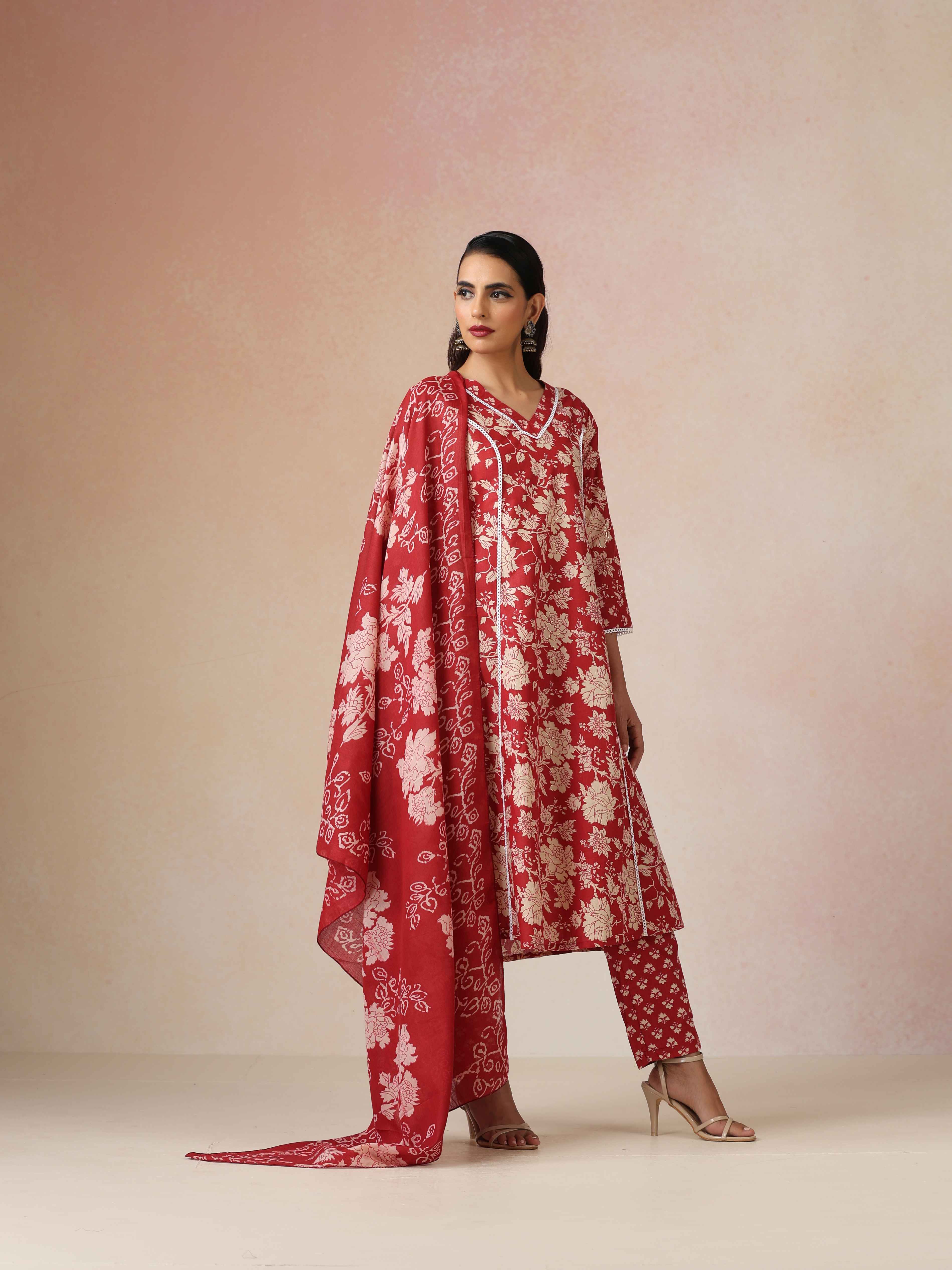 trueBrowns Red Cotton Print A Line Kurta 3pc Set