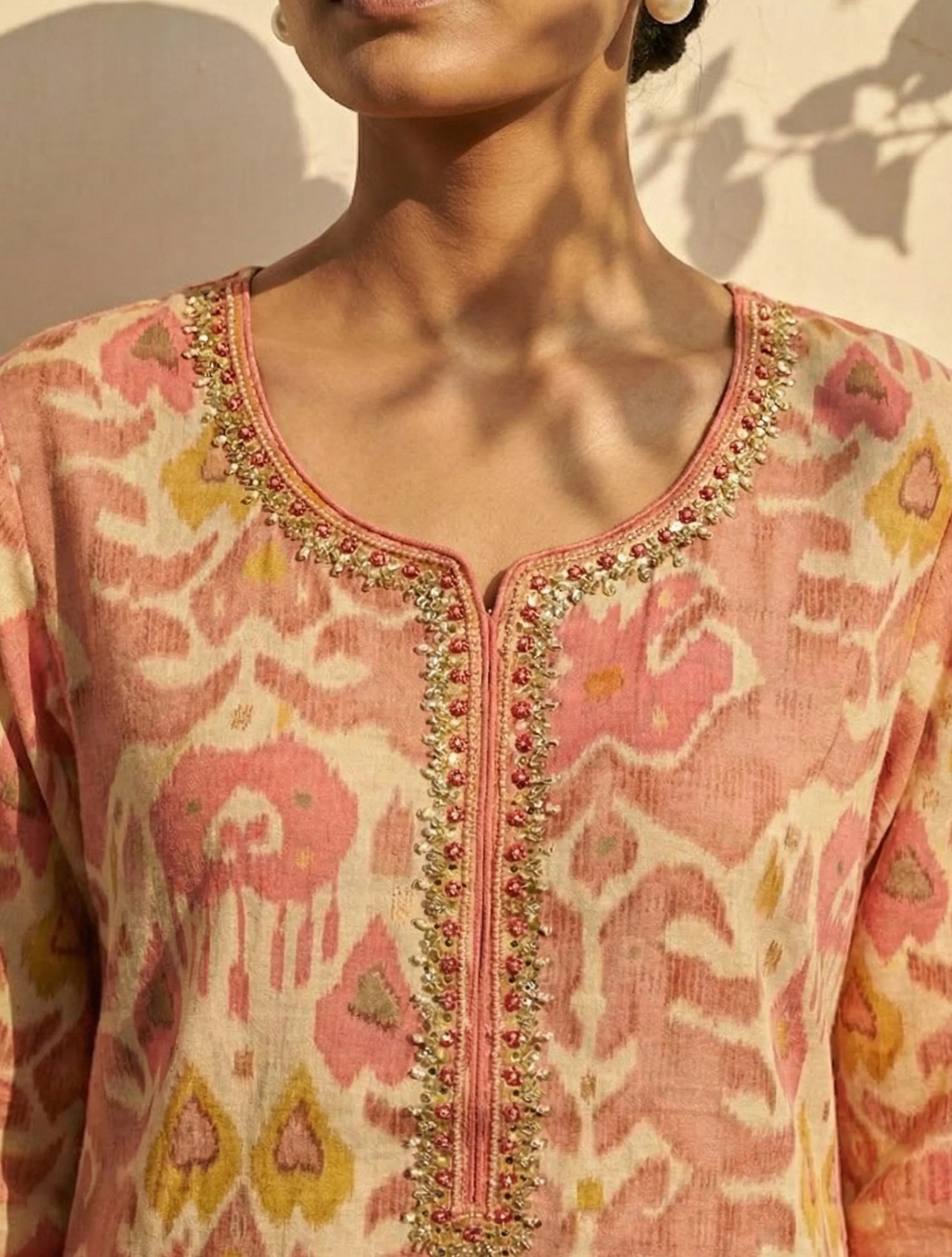 trueBrowns Peach Ikat Print Embroidered Kurta Pant Dupatta Set