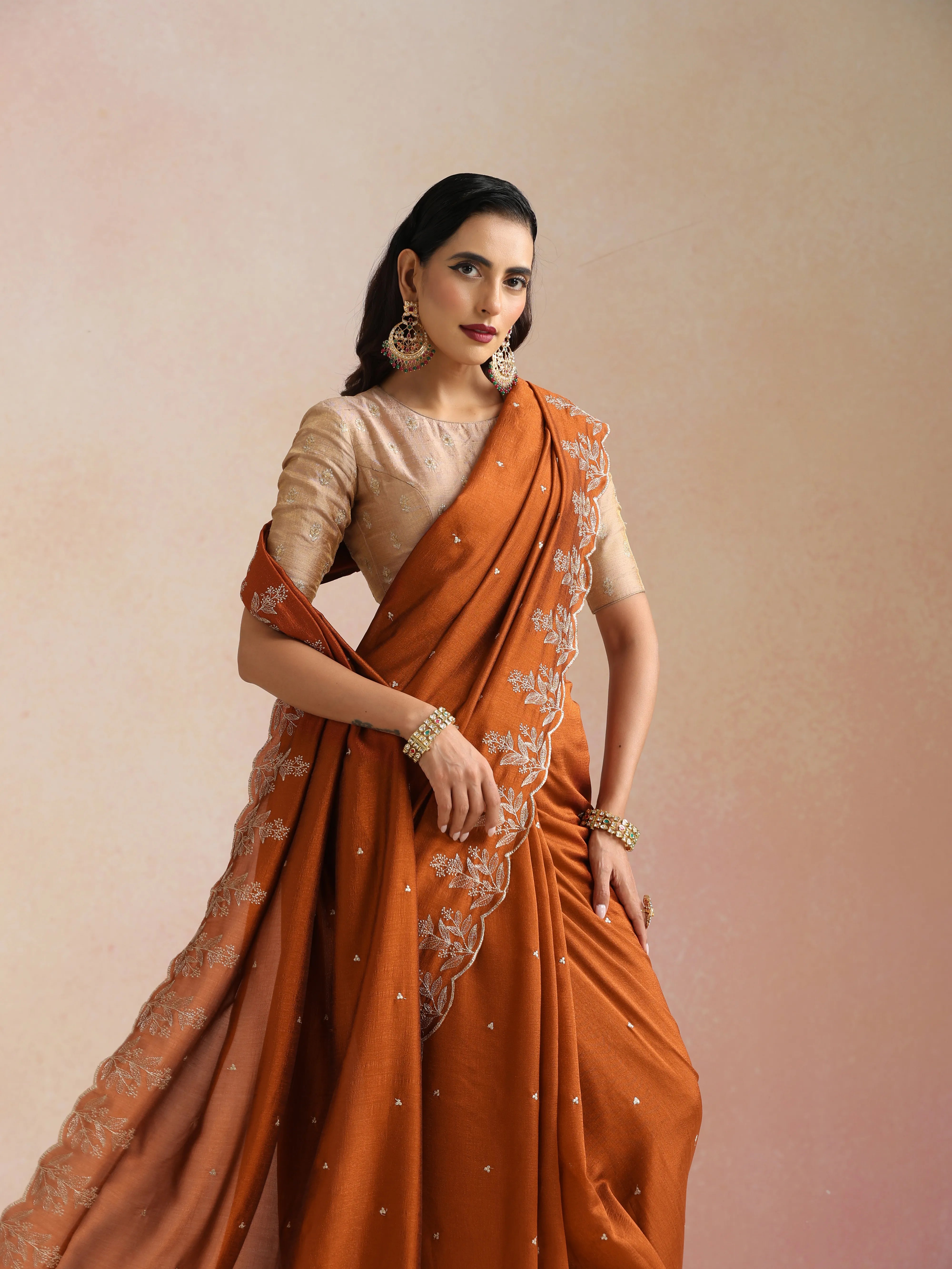 trueBrowns Rust All Over Zari Embroidered Saree With Unstitched Blouse