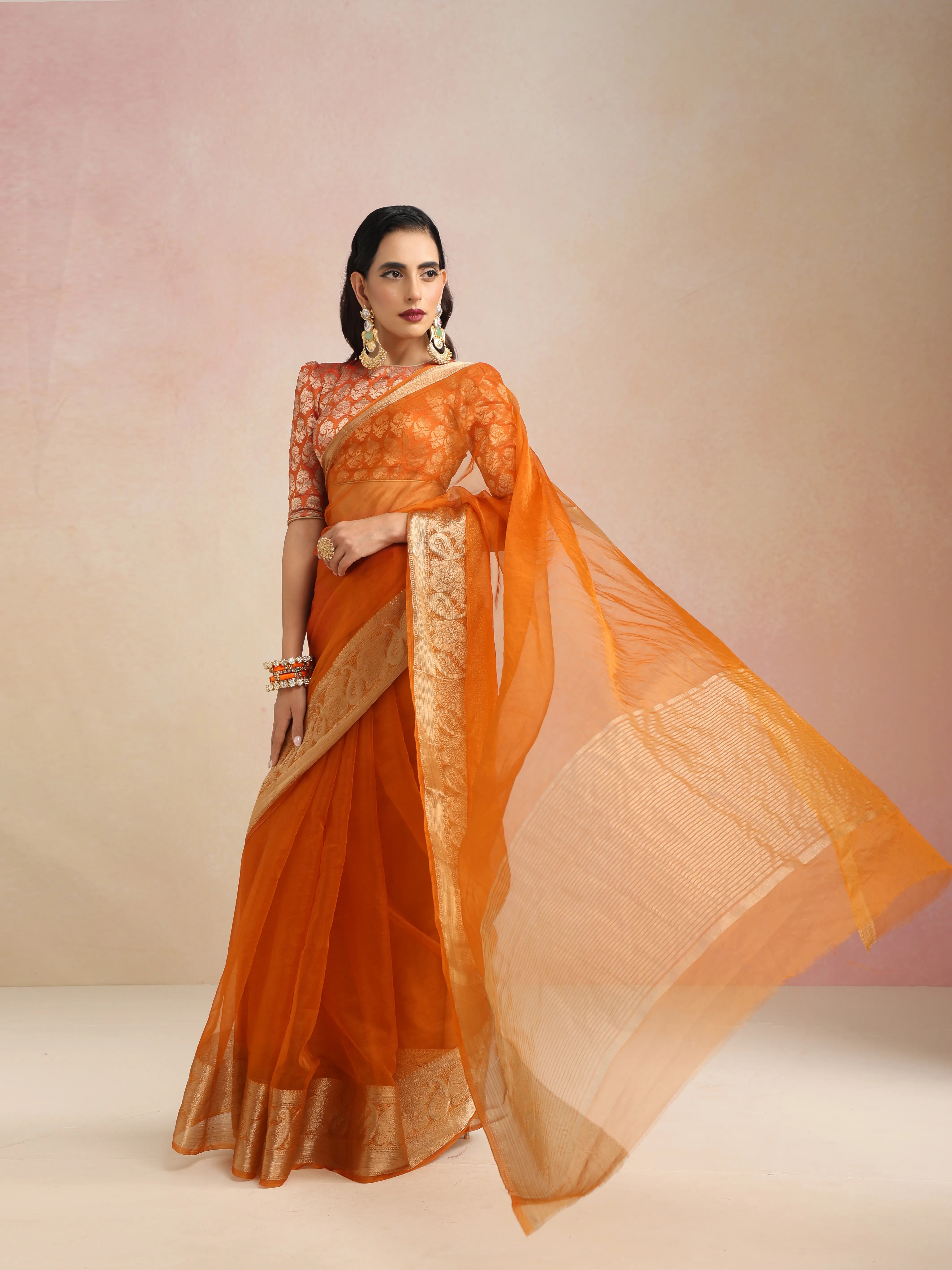 trueBrowns Rust Organza Saree With Unstitched Blouse