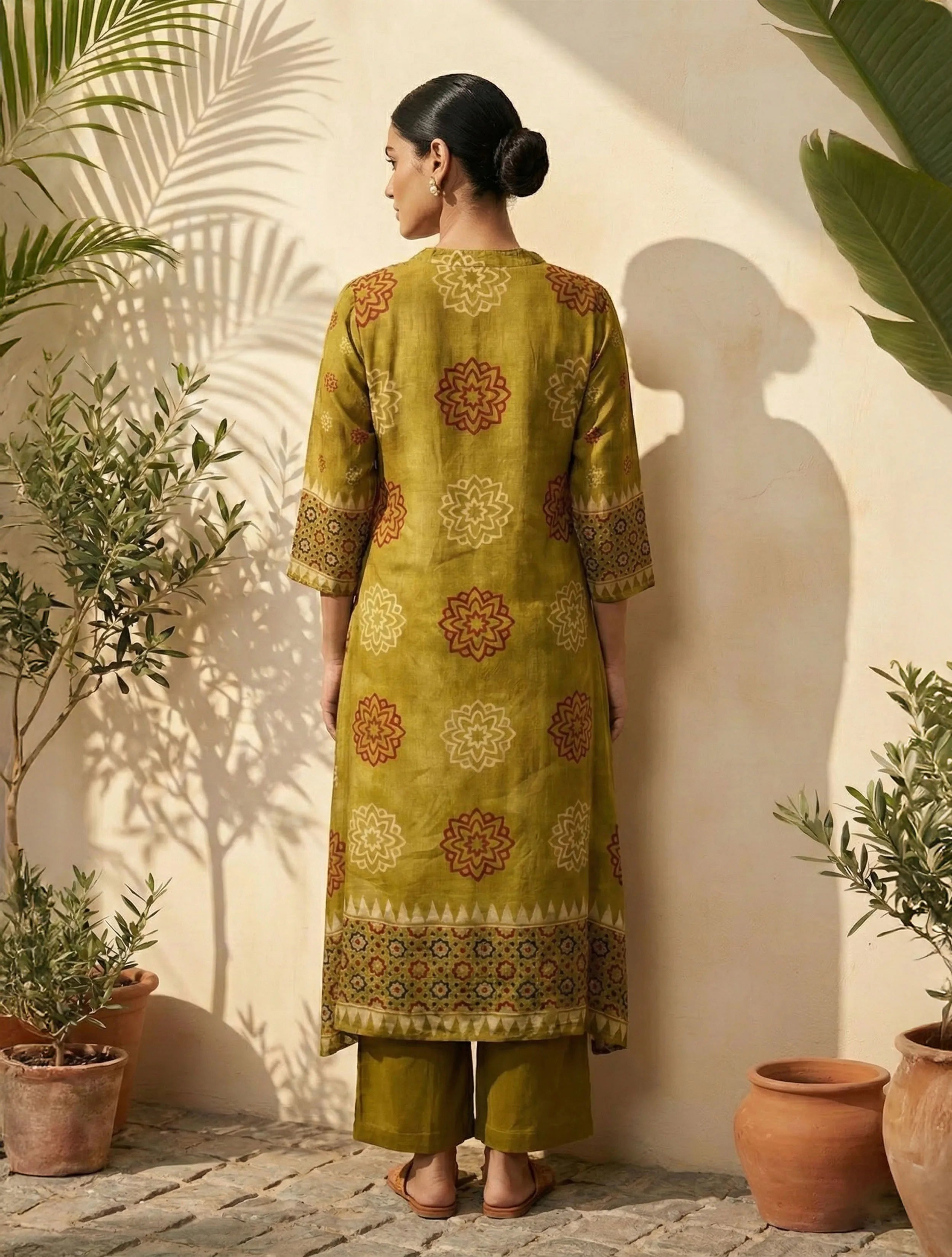 trueBrowns Pear Green Printed A-Line Kurta Pant Set