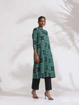 trueBrowns Green Cotton Print Front Slit Kurta Set