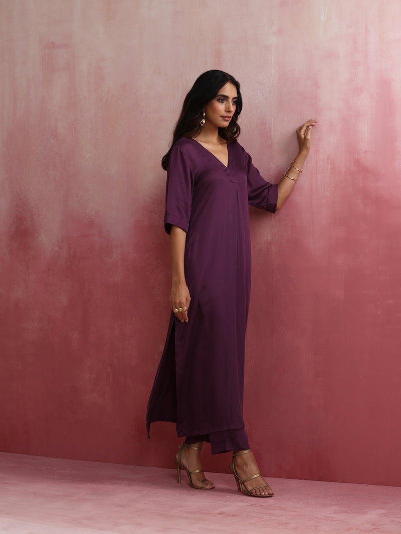 trueBrowns Purple Modal Pleated Kurta Set