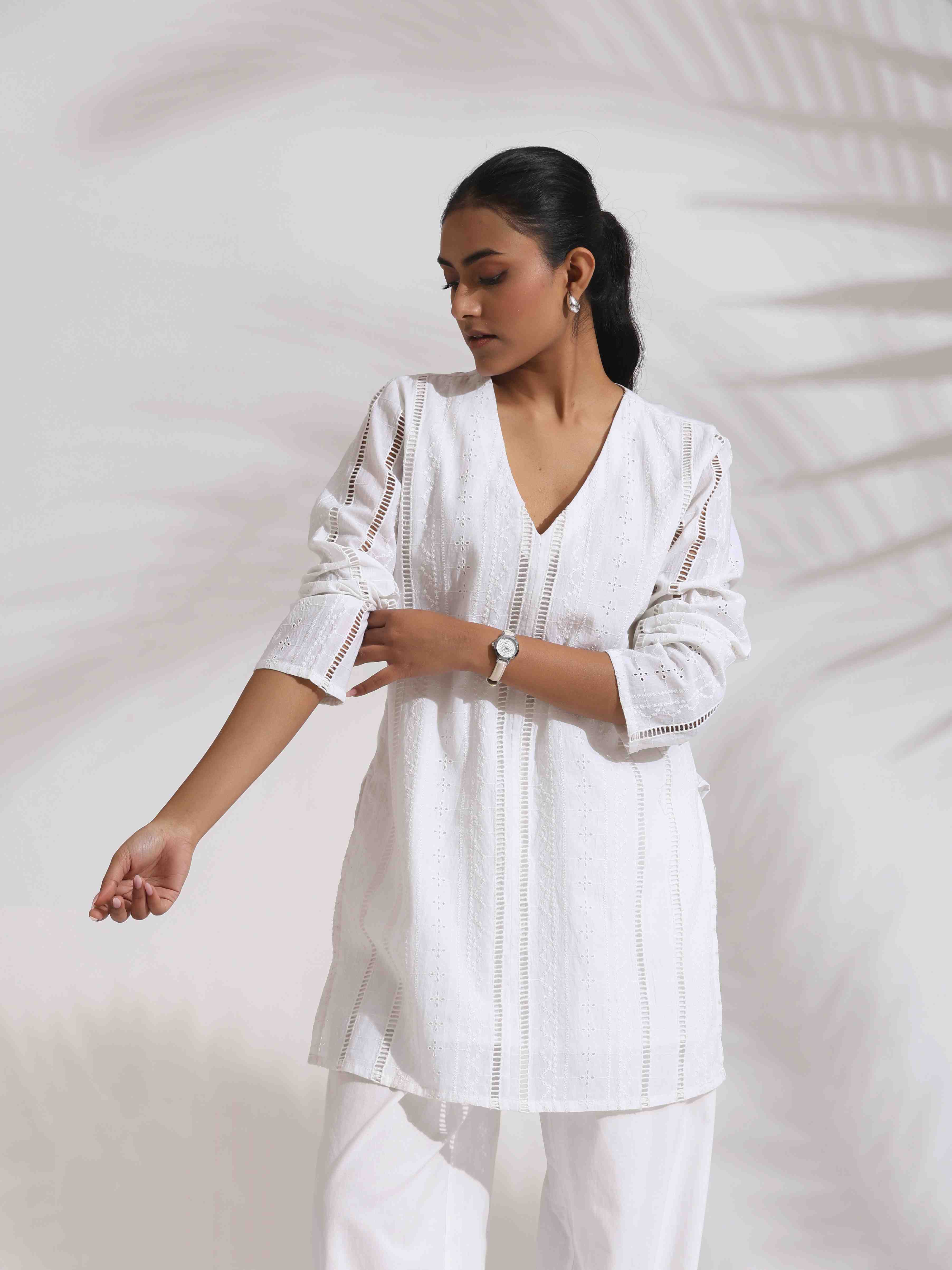 trueBrowns White Cotton Schiffli Co-ord Set