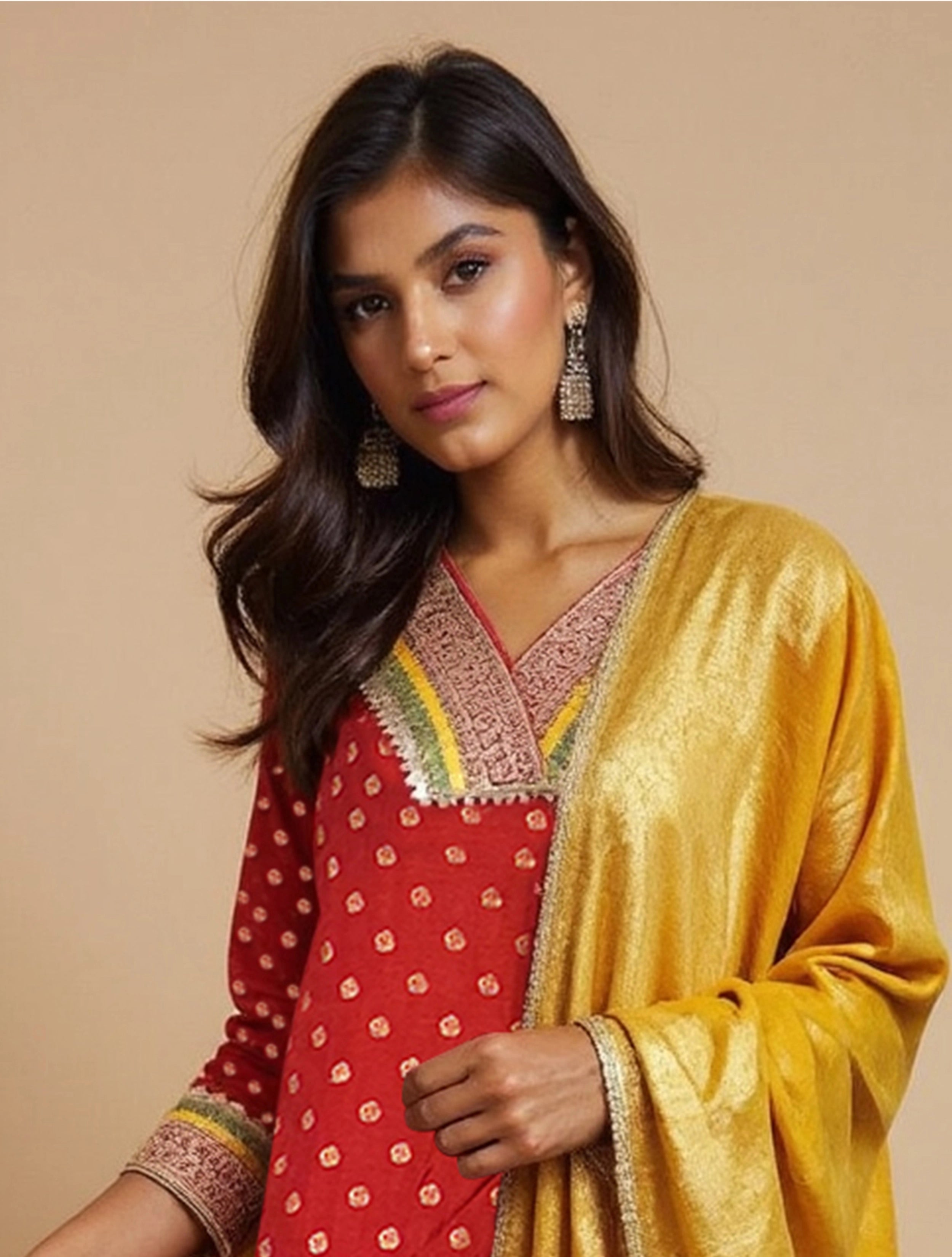 trueBrowns Red Jacquard Straight Kurta Pant Dupatta Set