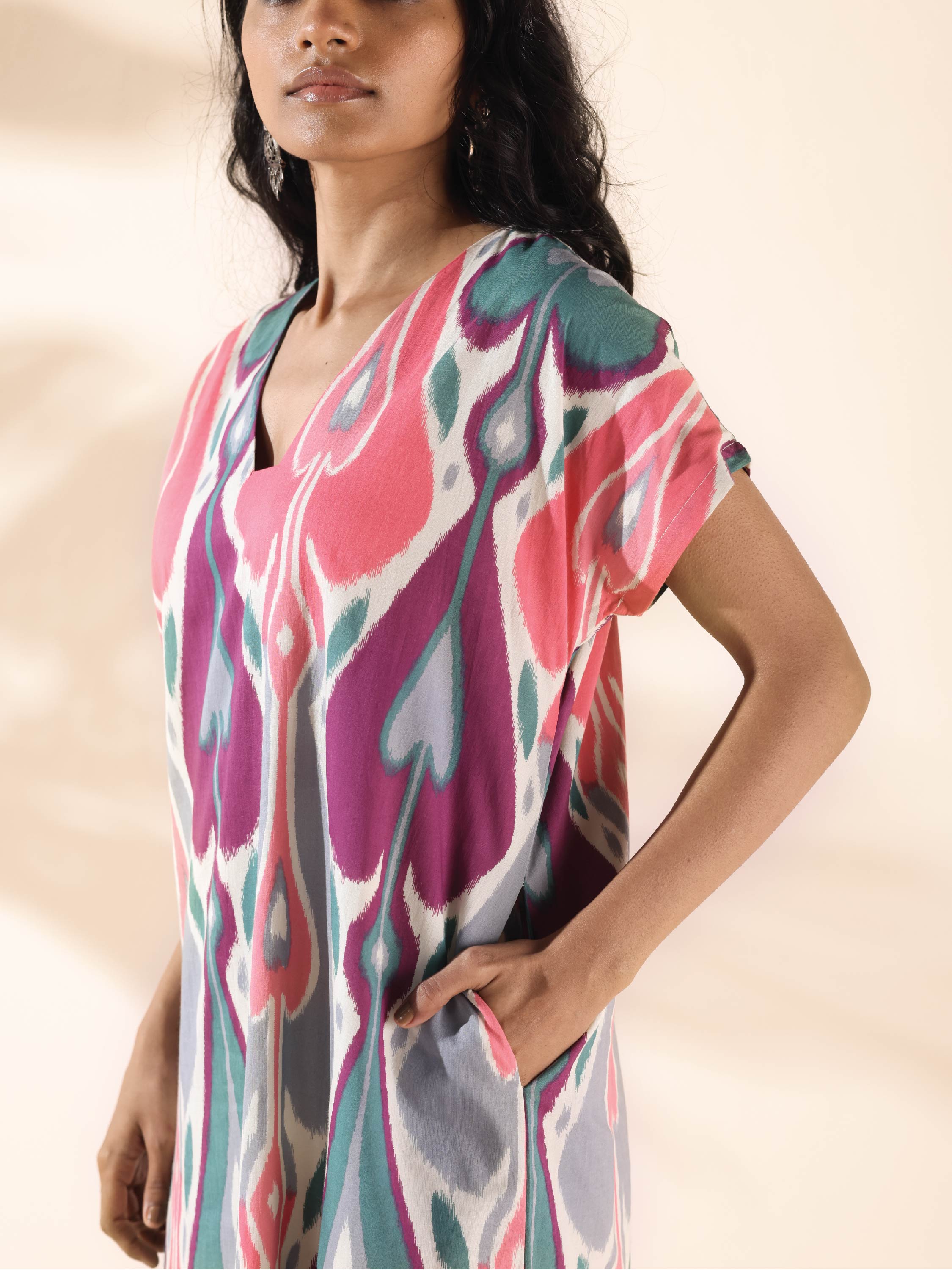 trueBrowns Green Cotton Ikat Slit Dress