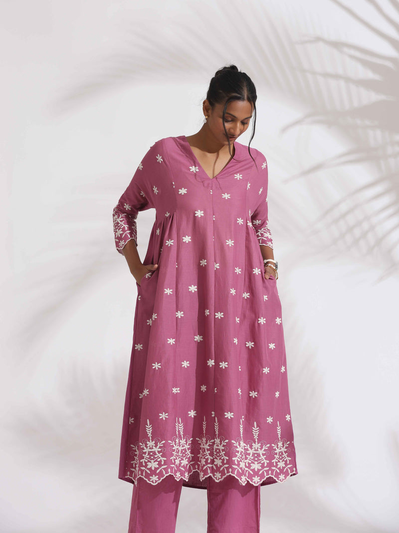 trueBrowns Pink Cotton Floral Embroidered Flared Kurta Set