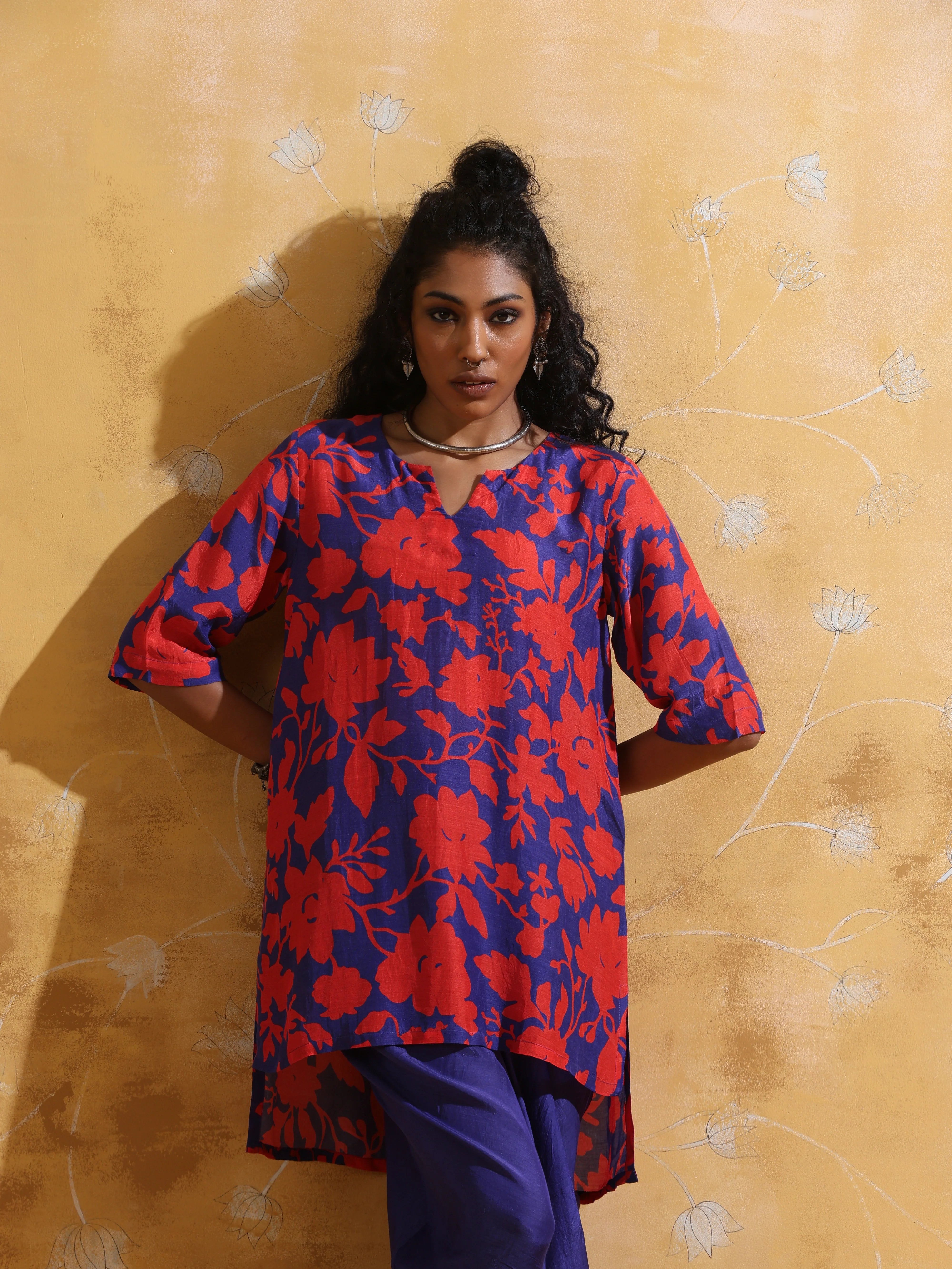 trueBrowns Purple Red Jaal Print Muslin Silk Dhoti Co-ord Set