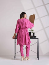 trueBrowns Pink Print Kaftan Kurta Co-ord Set