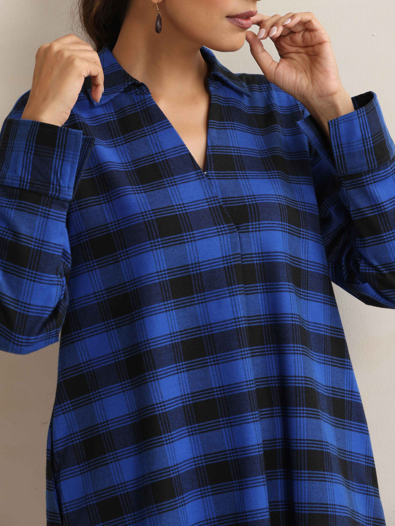 trueBrowns Blue Check Pleated Winter Top