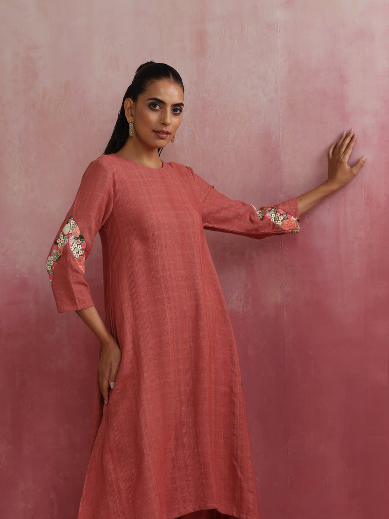 trueBrowns Peach Cotton Dobby Kurta Set