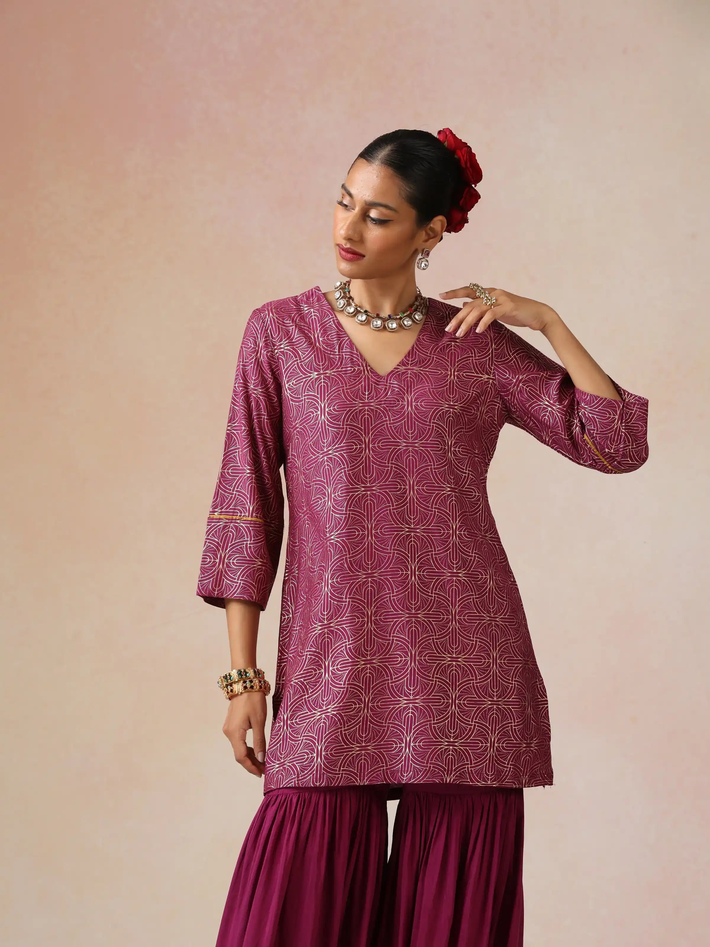 trueBrowns Magenta Gold Foil Print Muslin Silk Sharara Set